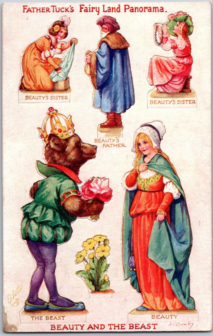 RARE Father Tuck\'s Fairy Land Panorama Antique Postcard ~ Beauty and The Beast
