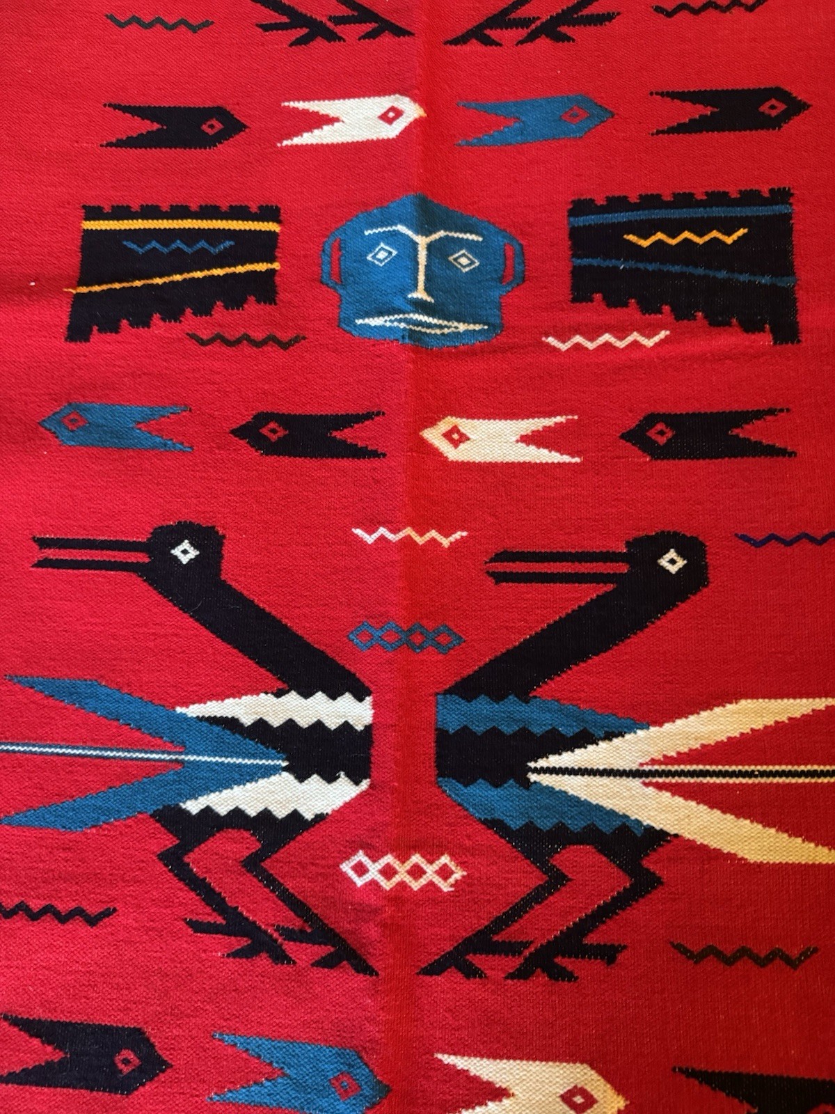 Vintage Handmade Native American US Red Tapestry Textile Bird Motif 47x24