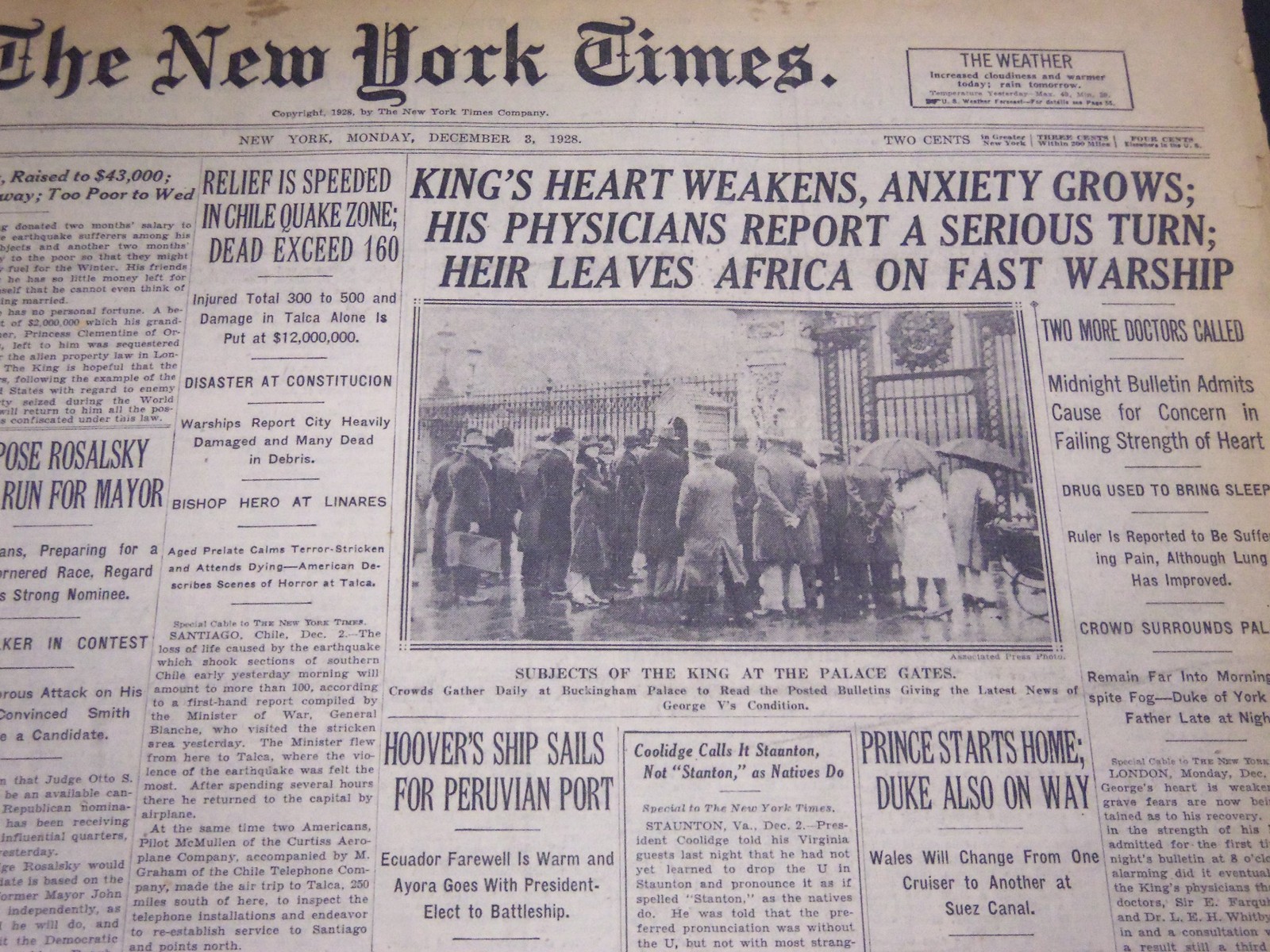 1928 DEC 3 NEW YORK TIMES - KING\'S HEART WEAKENS, ANXIETY GROWS - NT 5120