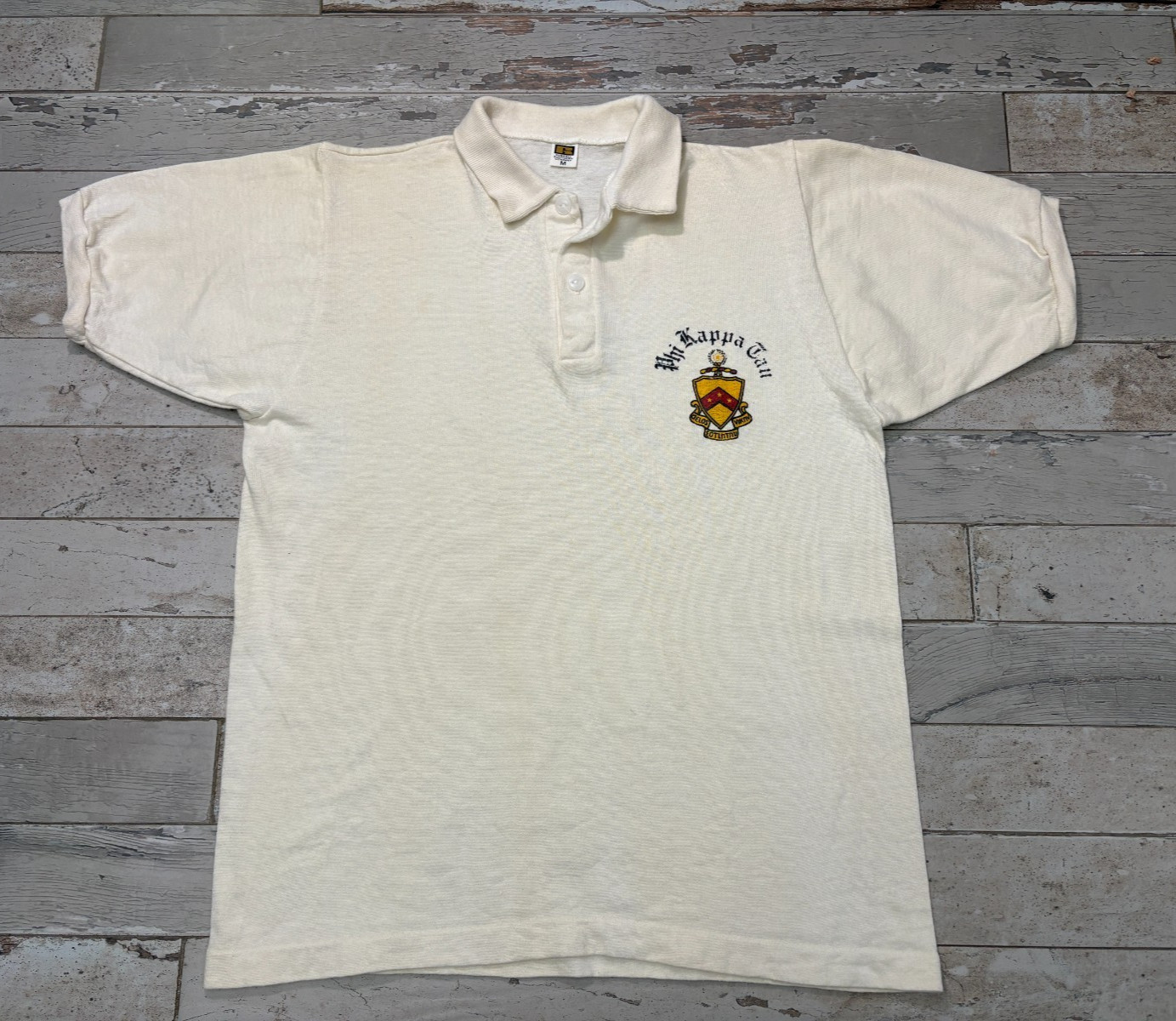 VTG 60-70\'s Russell Southern Co Polo Shirt Phi Kappa Tau Fraternity Cream MEDIUM