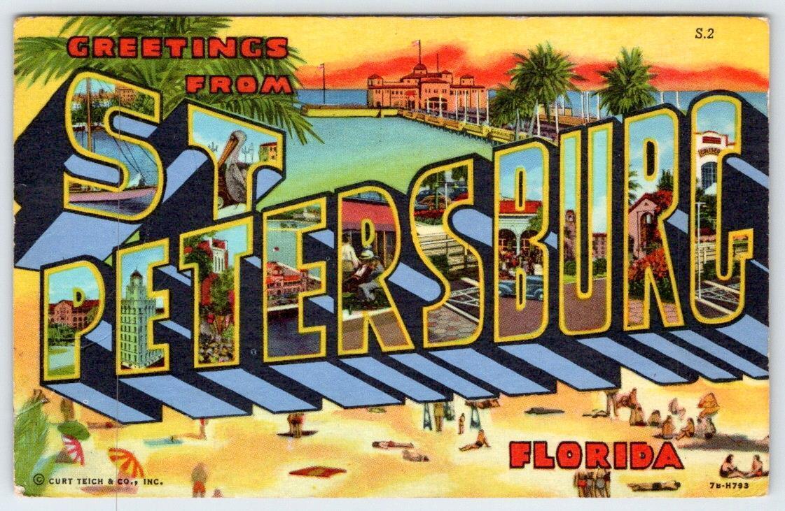GREETINGS FROM ST PETERSBURG FLORIDA 1968 VINTAGE LARGE LETTER LINEN POSTCARD