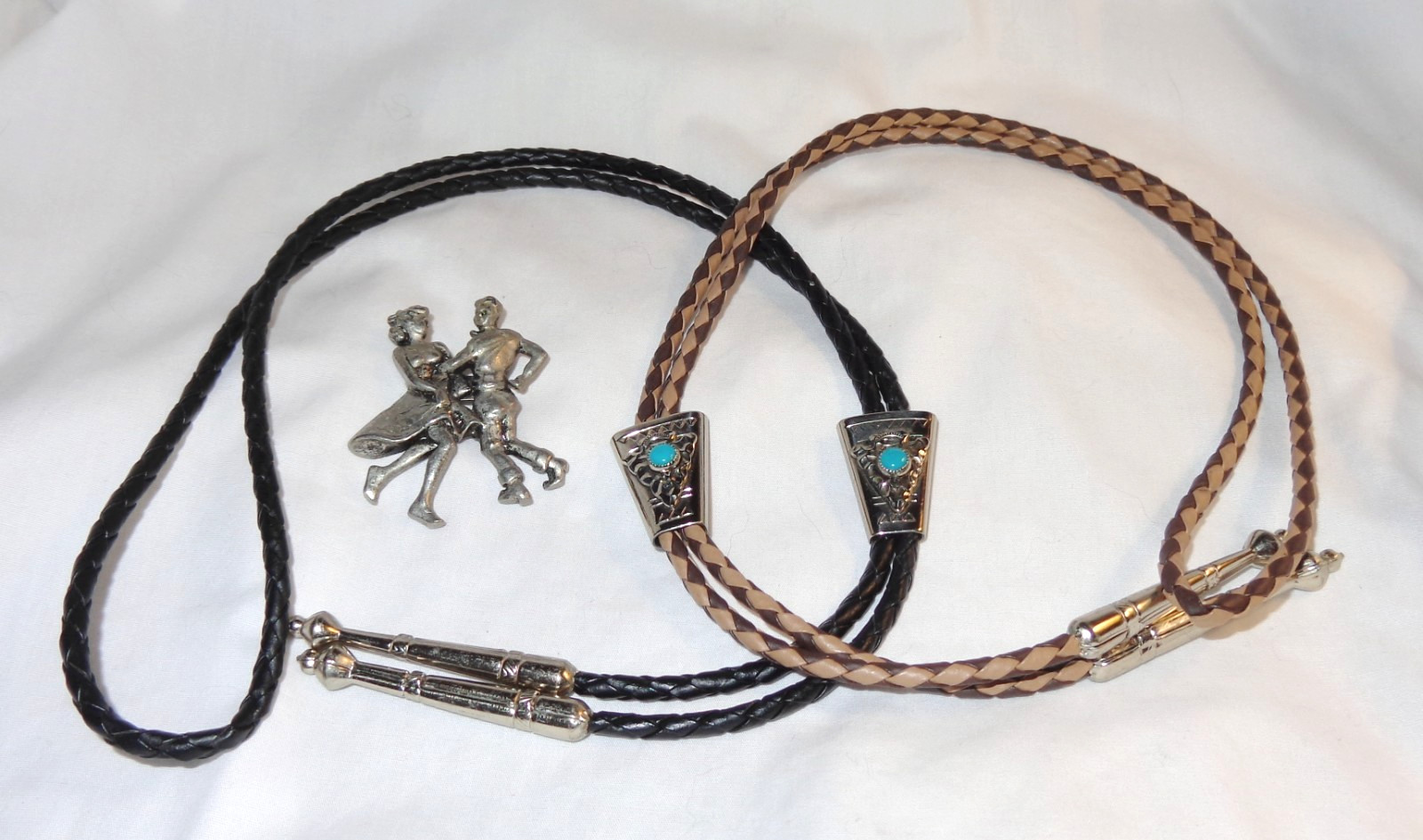 LOT Vintage SOUTHWESTERBN BOLO TIES Braided TURQUOISE CAB STERLING NICKEL BR BL