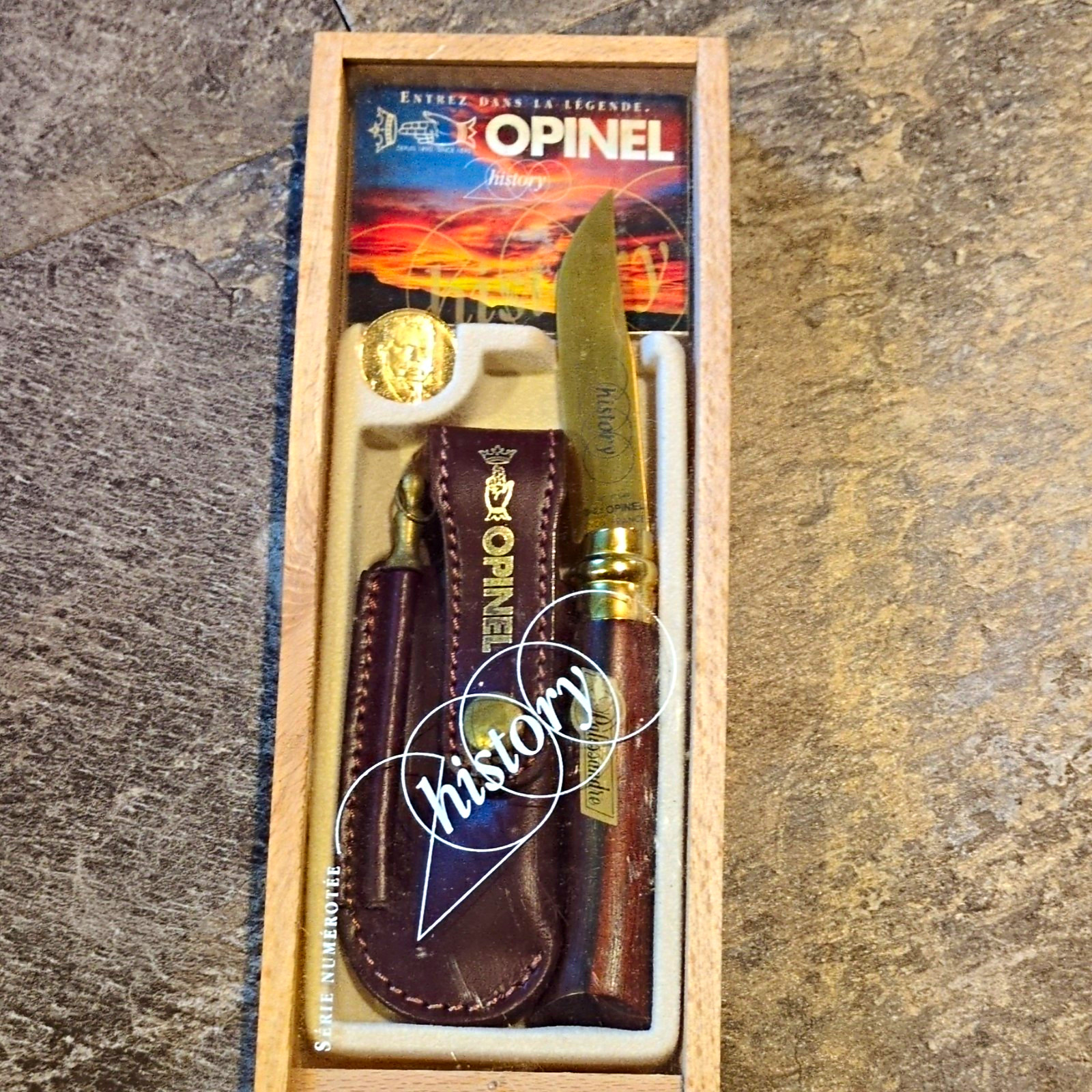 Opinel History No. 8 Pocketknife, Stainless Clip Point Blade, Sheath Box