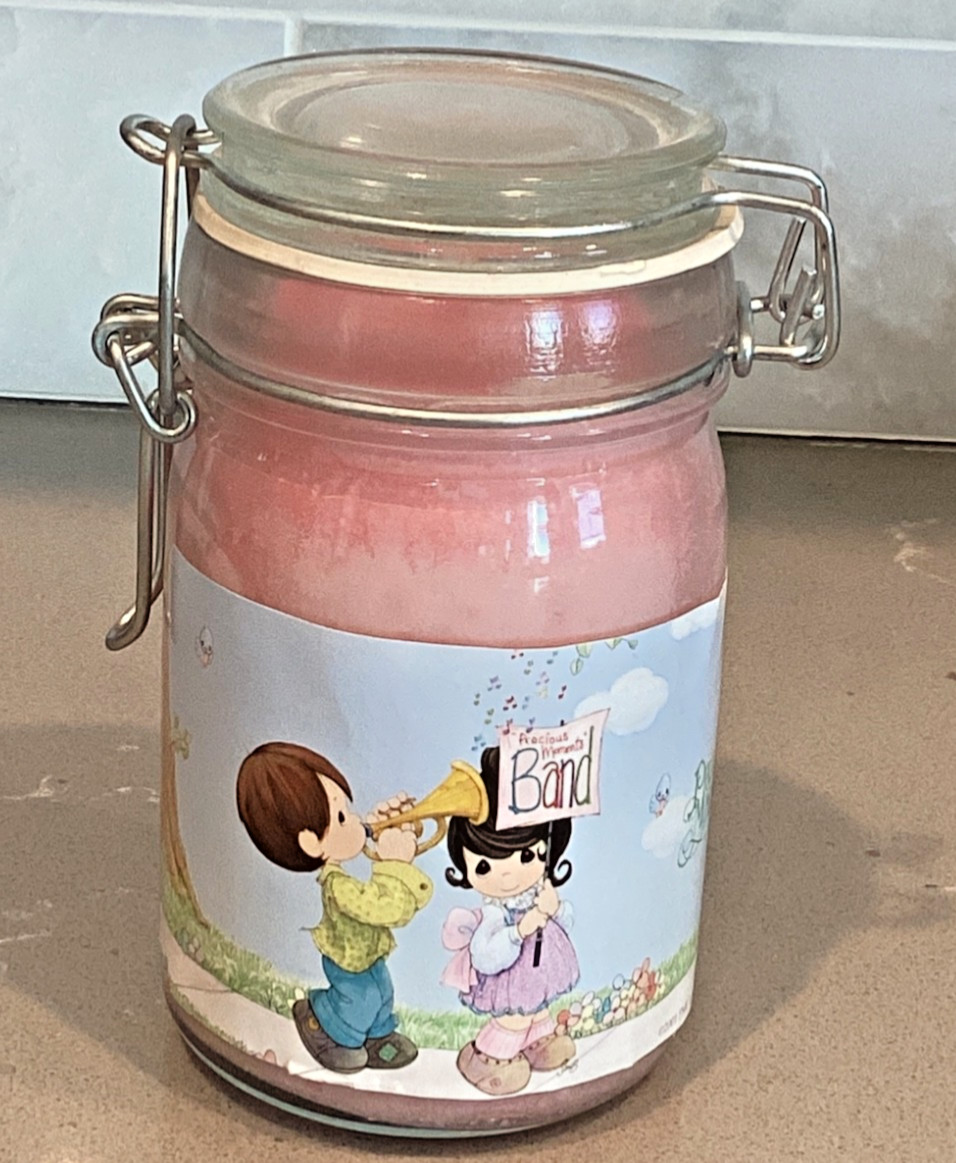 Vintage Precious Moments “Band” Candle Mason Jar Pink Unlit Collectible Decor
