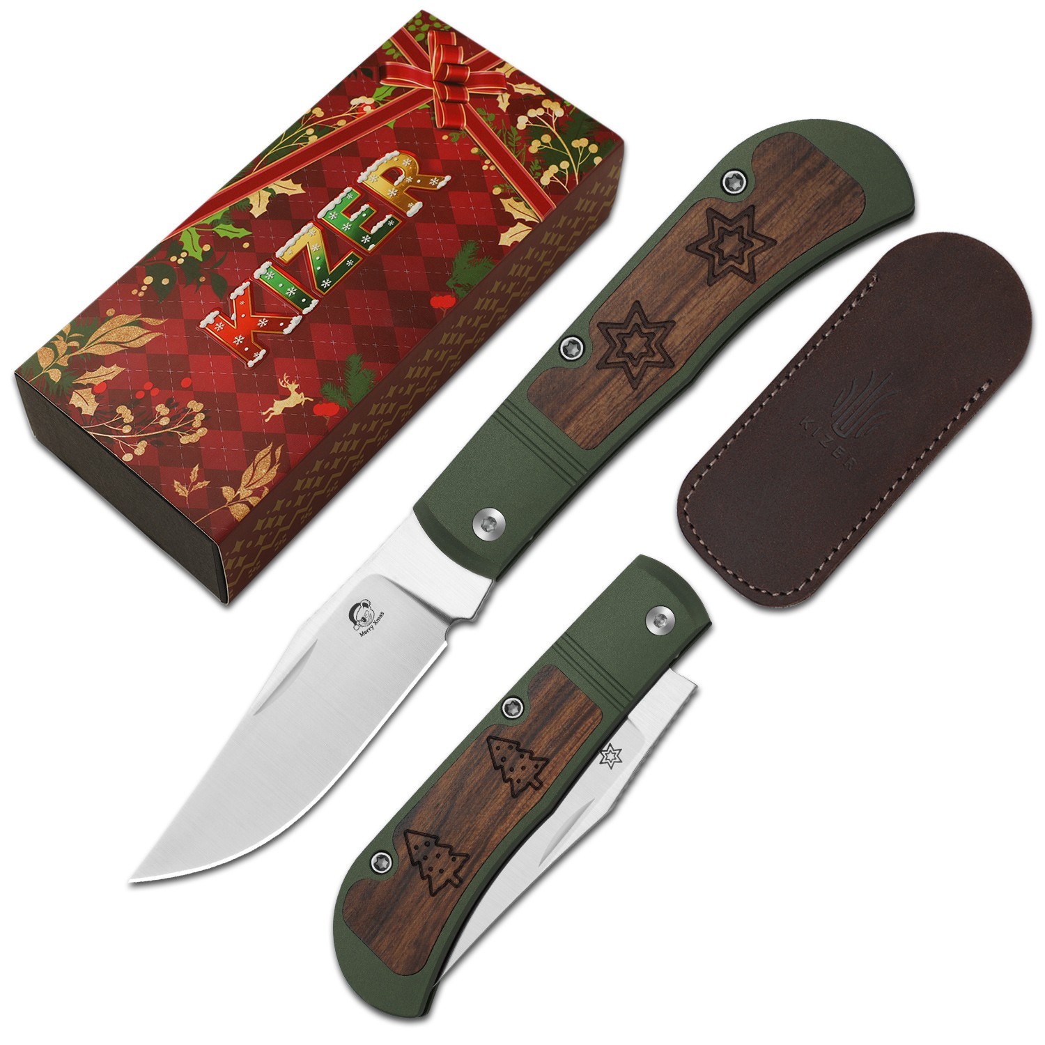 Kizer Trestle Christmas Folding Pocket Knife S45VN Blade Aluminum & Wood Handle
