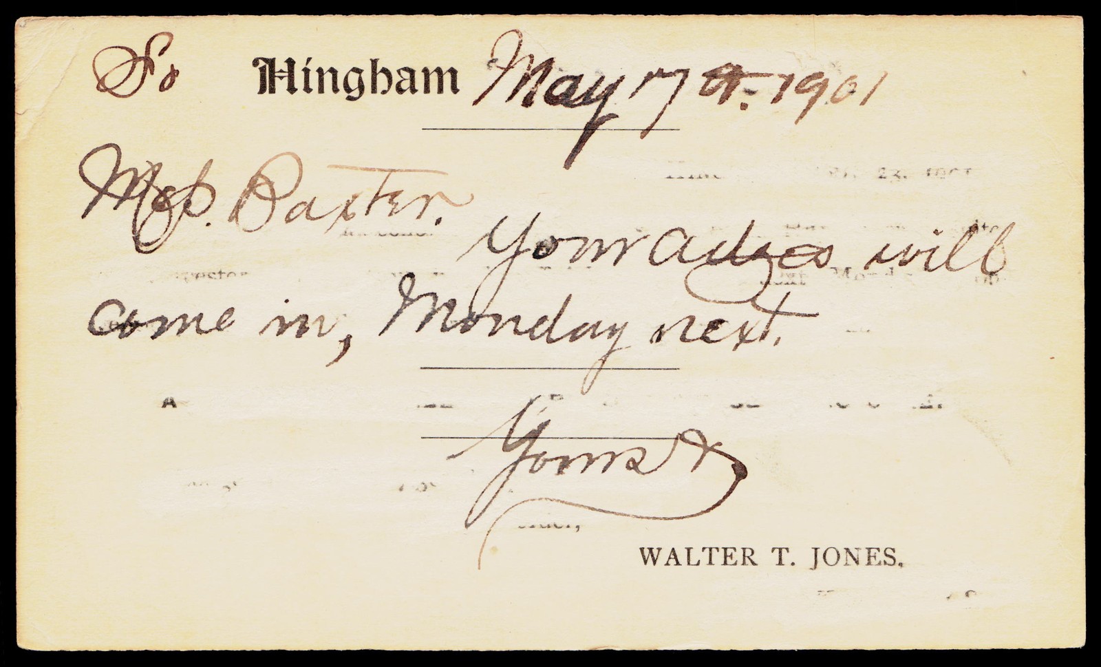1901 Walter T Jones South Hingham MA Sidney R Baxter Boston Victorian Postal Car