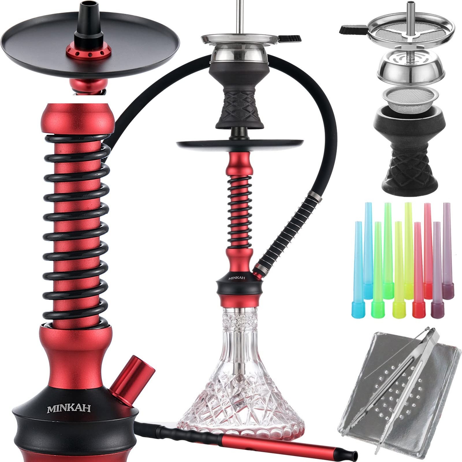 Minkah Red Hookah Set Complete Accessories Silicone Hose Bowl Tongs Diffuser