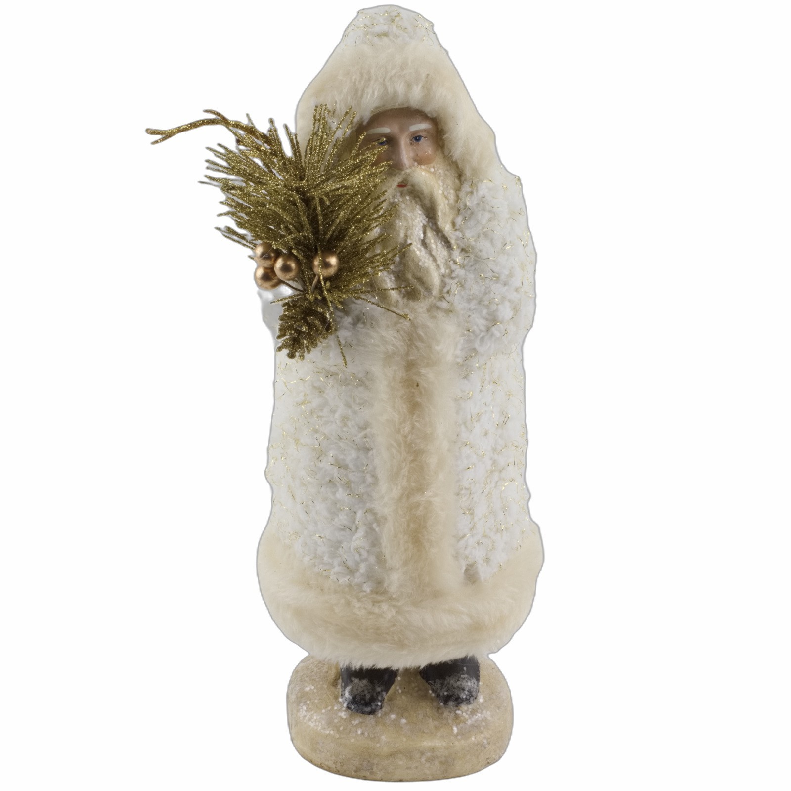 Primitive Belsnickle White Fleece Santa Claus Figure Holds Gold Branch 10