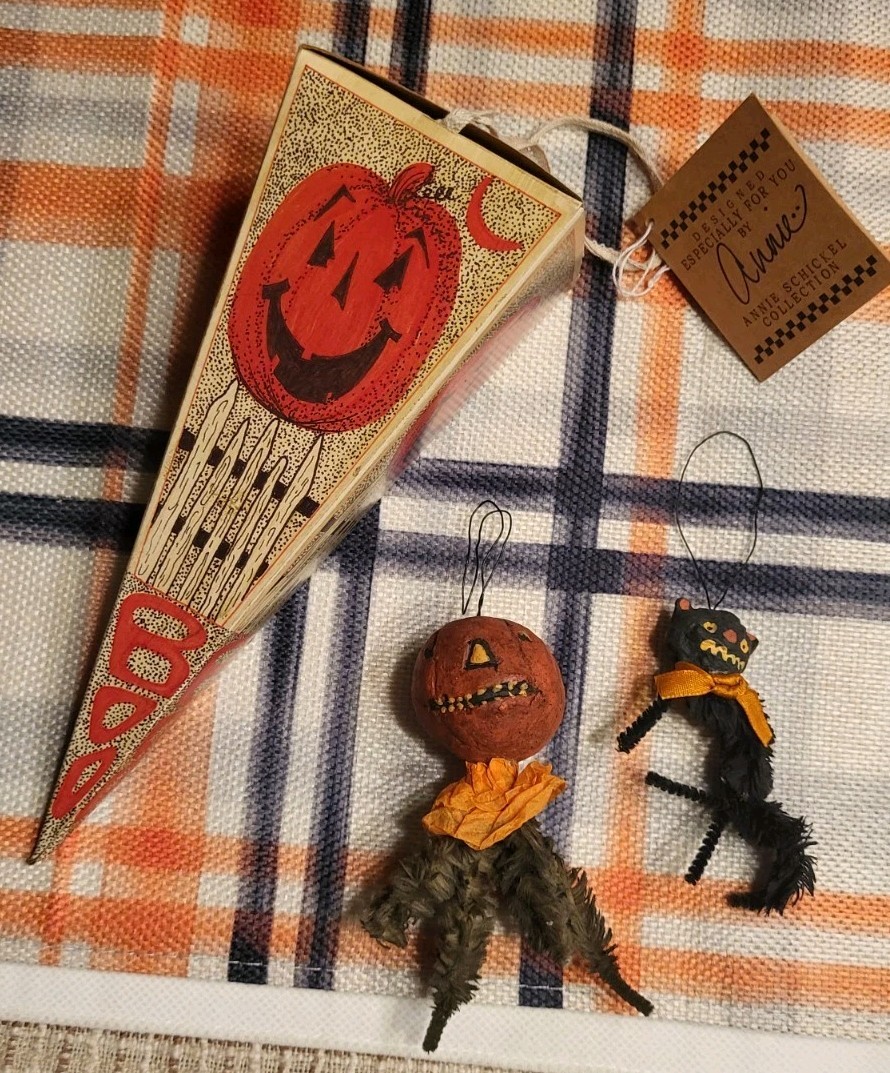 Lot Of 3  Halloween Decorations - Candy box and Vintage Primitive ornaments