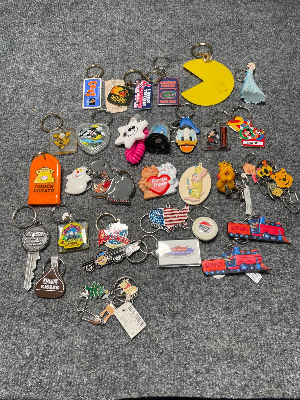Vintage Novelty Character Keychain Lot Disney Garfield Pooh Hershey Pac Man Cart