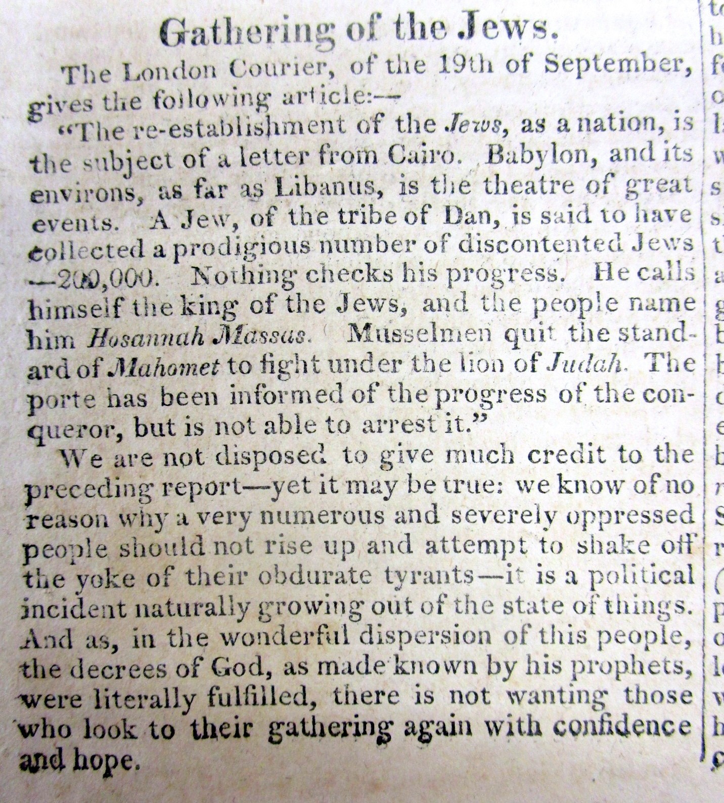 1816 newspaper JUDAICA Jews gather in PALESTINE before ESTABLISHNG JEWISH NATION