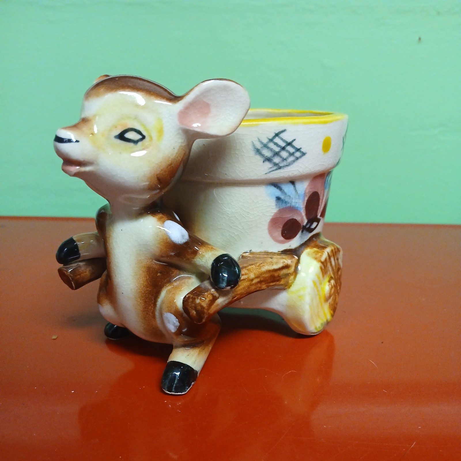 Vintage Grantcrest Japan Deer Planter Mid-century Fawn Flower Cart Ceramic EUC