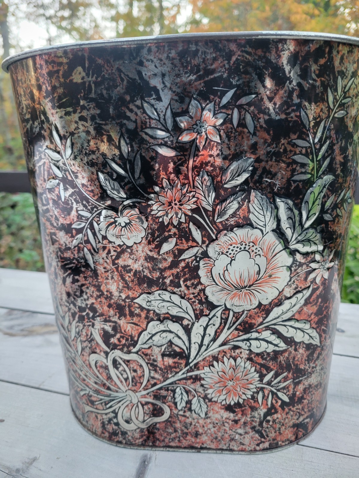 Vintage Cheinco Embossed Metallic Trash Can Raised Floral MCM Pink Wastebasket