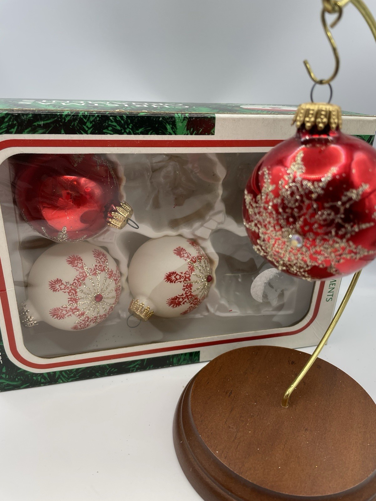 4 VTG Christmas Ornaments Blown Glass West Germany Glitter Embellished With Box