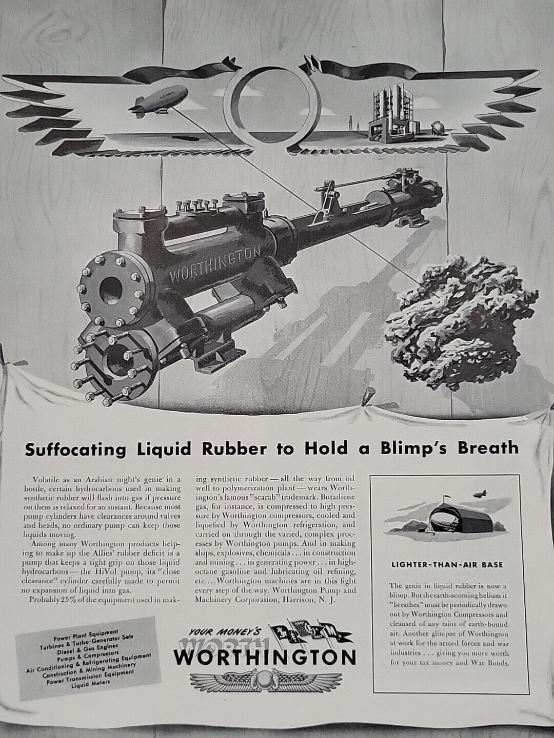 1943 Worthington Pump and Machinery Fortune WW2 Print Ad Liquid Rubber Blimp