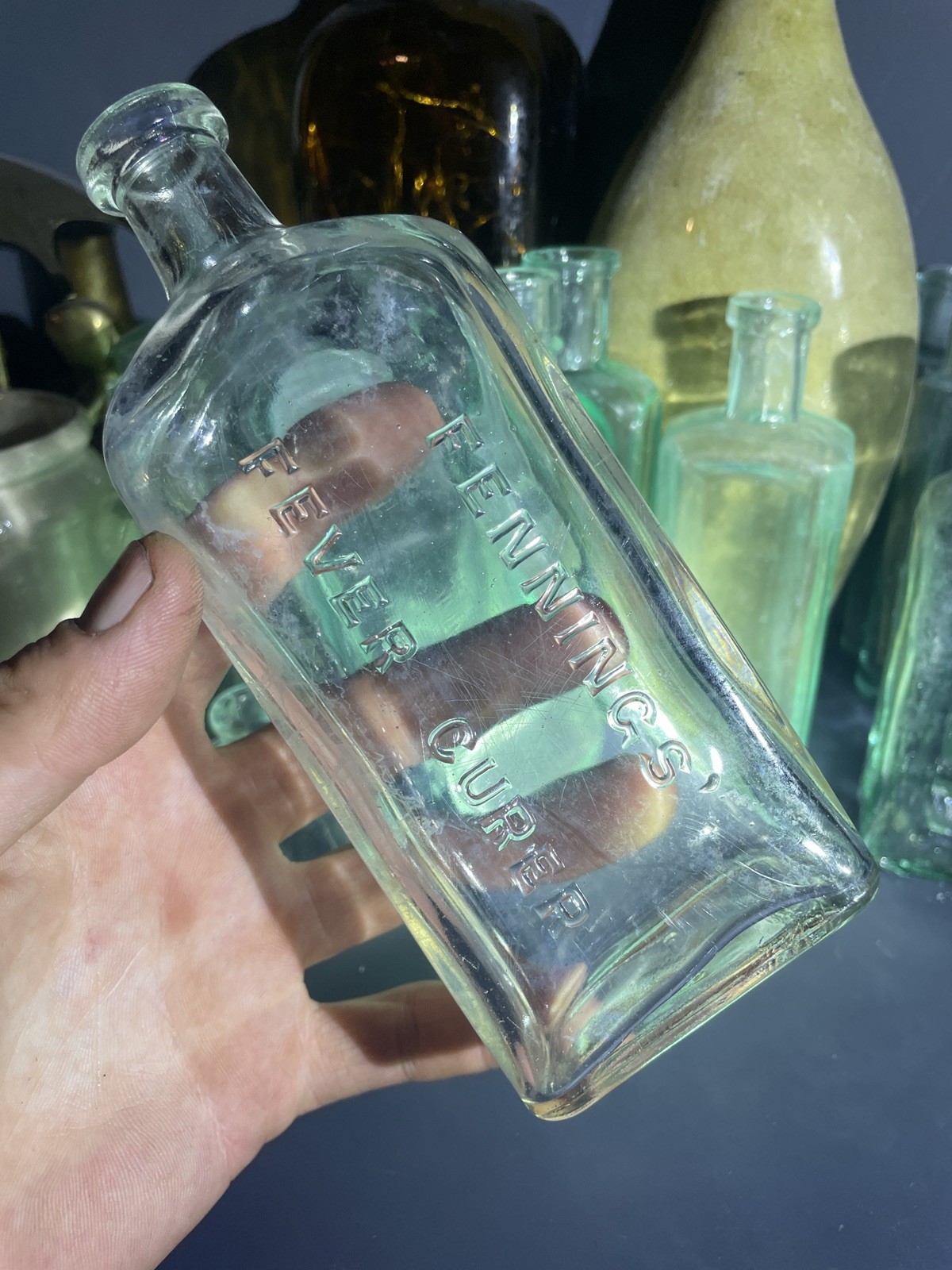 Vintage Antique Fenning’s Fever Curer Embossed Chemist Medicine Glass Bottle