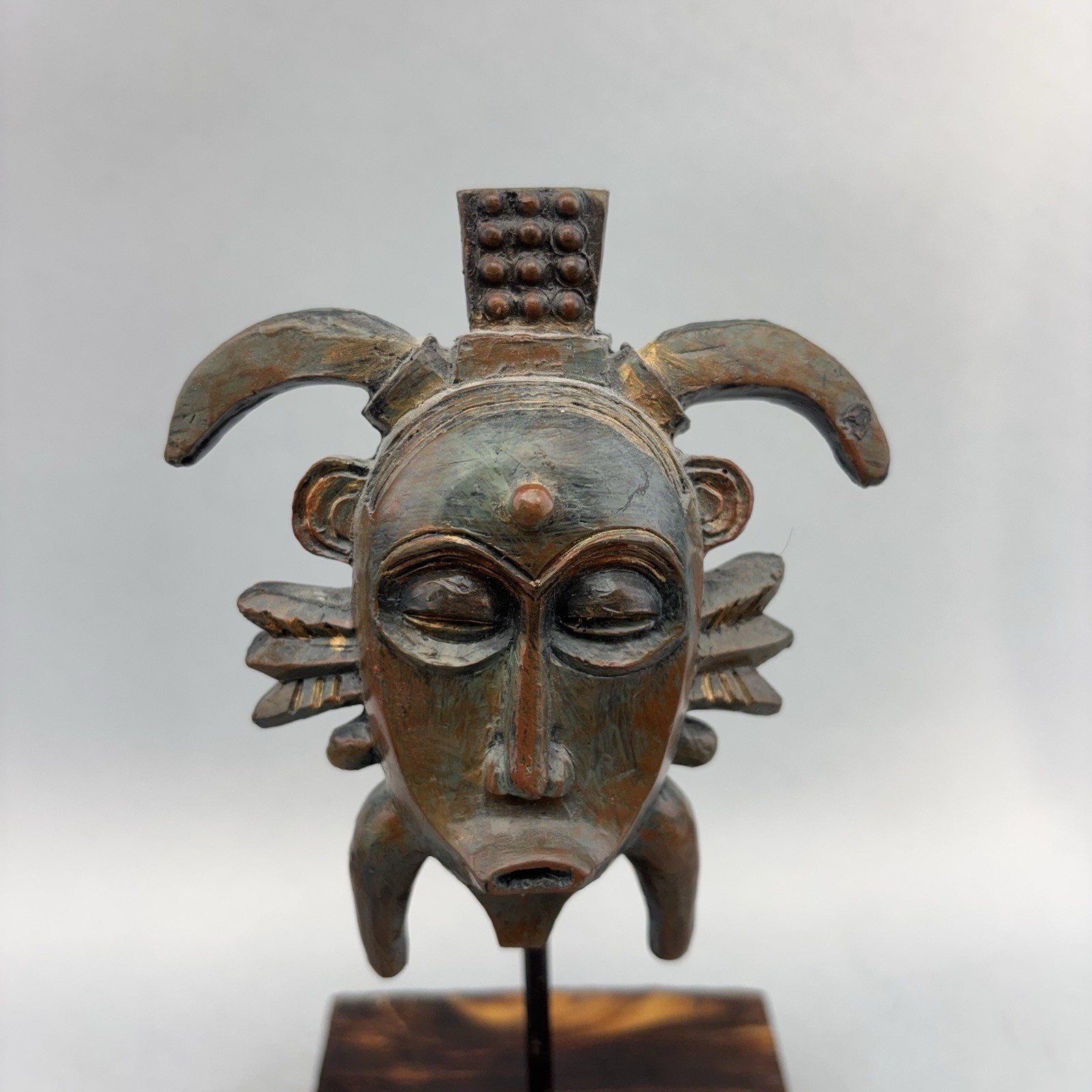 Vintage African Tribal Mask Carved Wood Congo Songye Miniature Rasta On Stand b