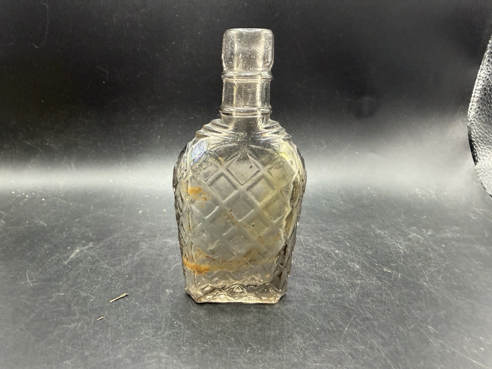 Antique Clear Glass Pocket Flask Bottle Diamond Quilt Lattice Pattern 5 in