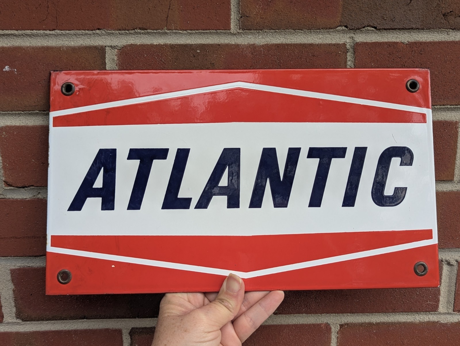 1950s Atlantic Gasoline Porcelain Pump Plate Sign Single Side Original 13\
