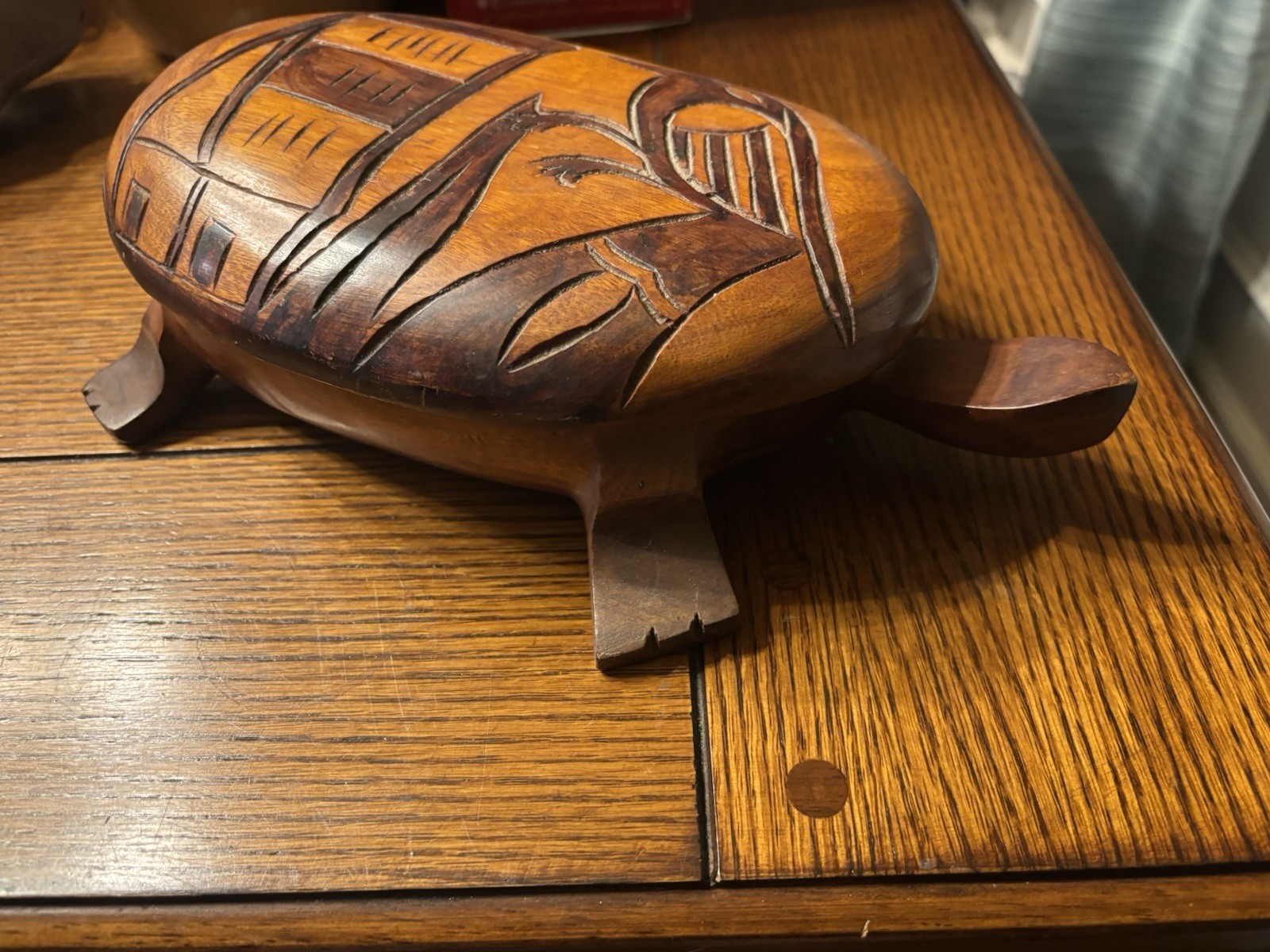 Vintage Hand-Carved Wooden Turtle Trinket Box – Folk Art Keepsake Dish