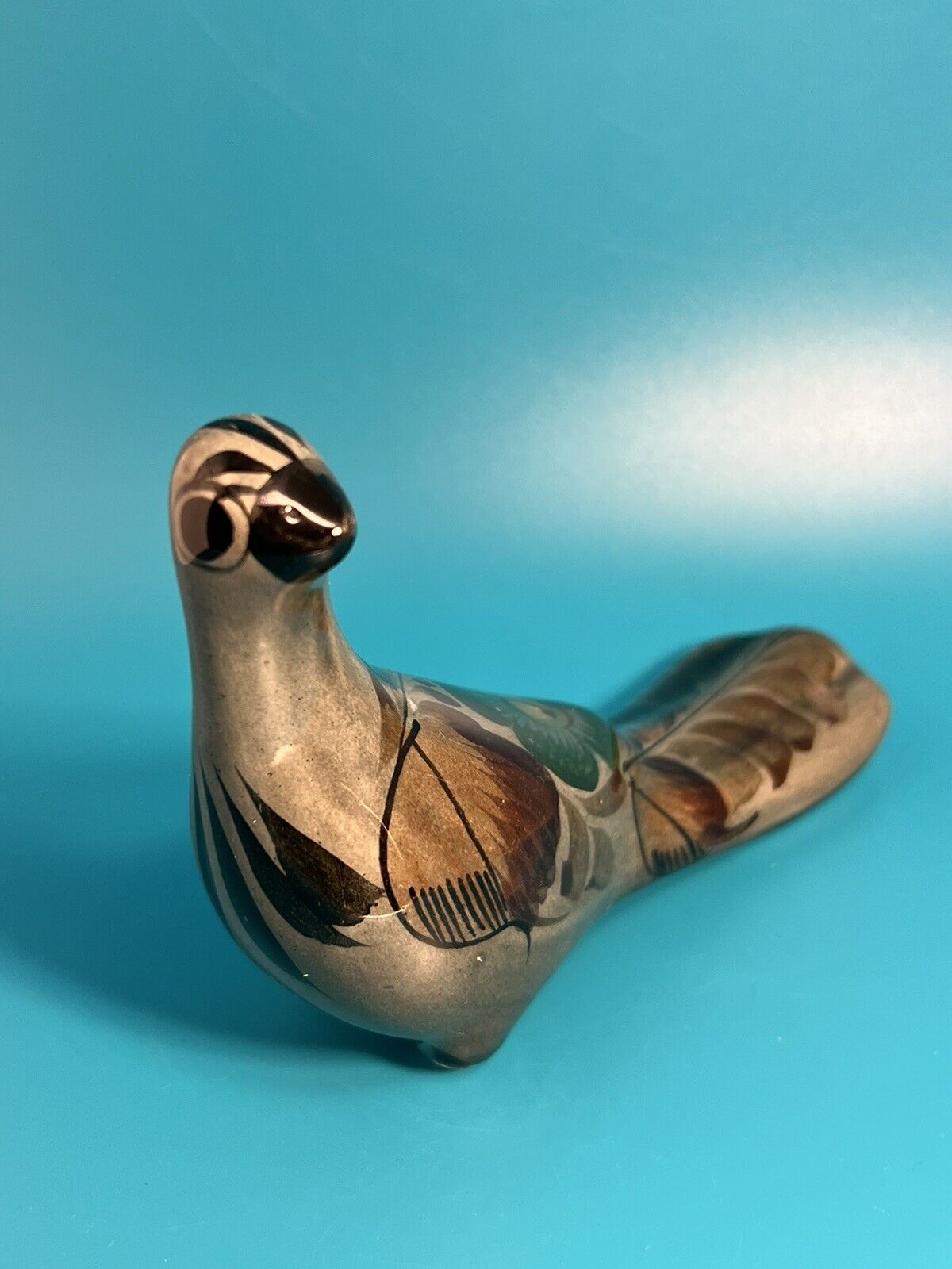 Vintage Tonala Mexican Pottery Bird Figurine, About 4” Tall