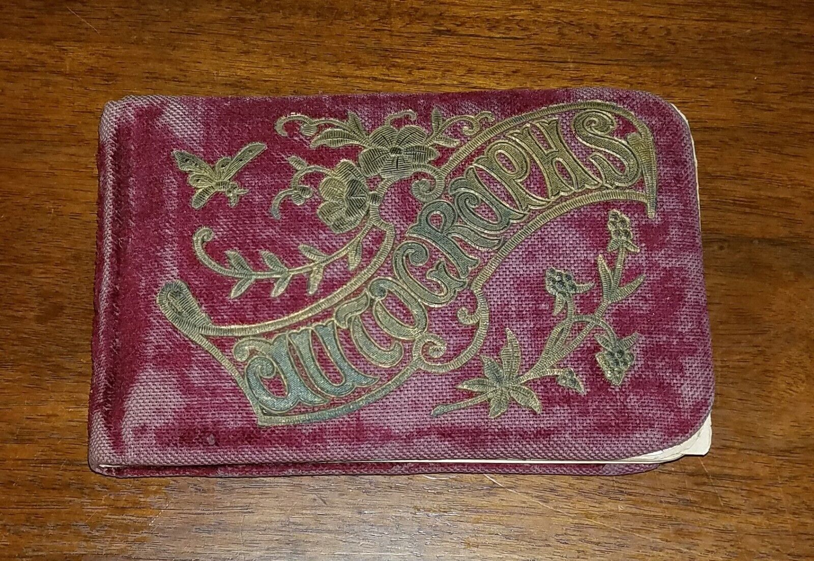 Antique 1890s Autographs Book. Dark Red Velvet Cover. Notes & Signatures. Paper