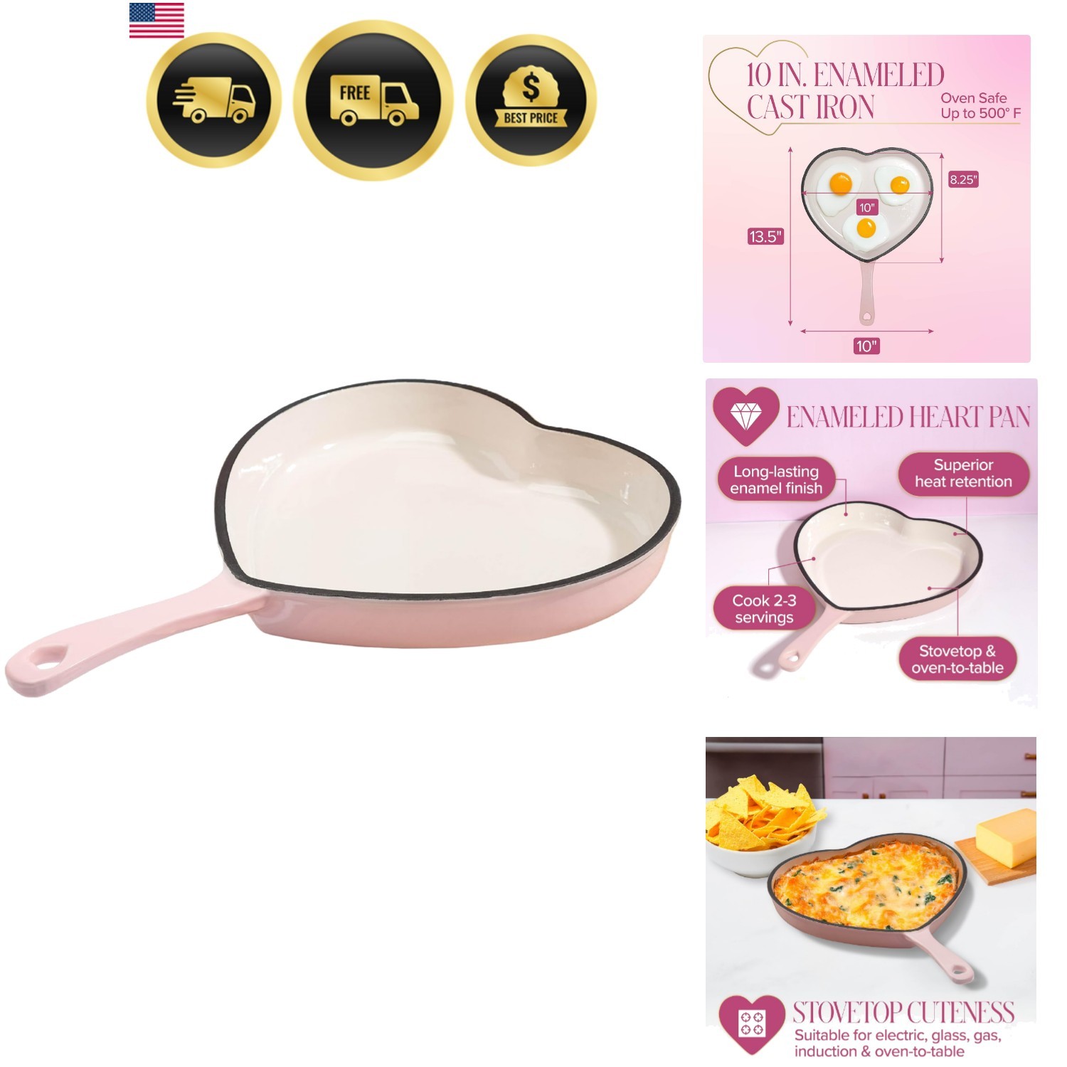 Cast Iron Heart Skillet Pan Pink 10 Inch Enamel Oven Safe Heat Retention Cast Iron Heart Skillet Pan Pink 10 Inch Enamel Oven Safe Heat Retention
