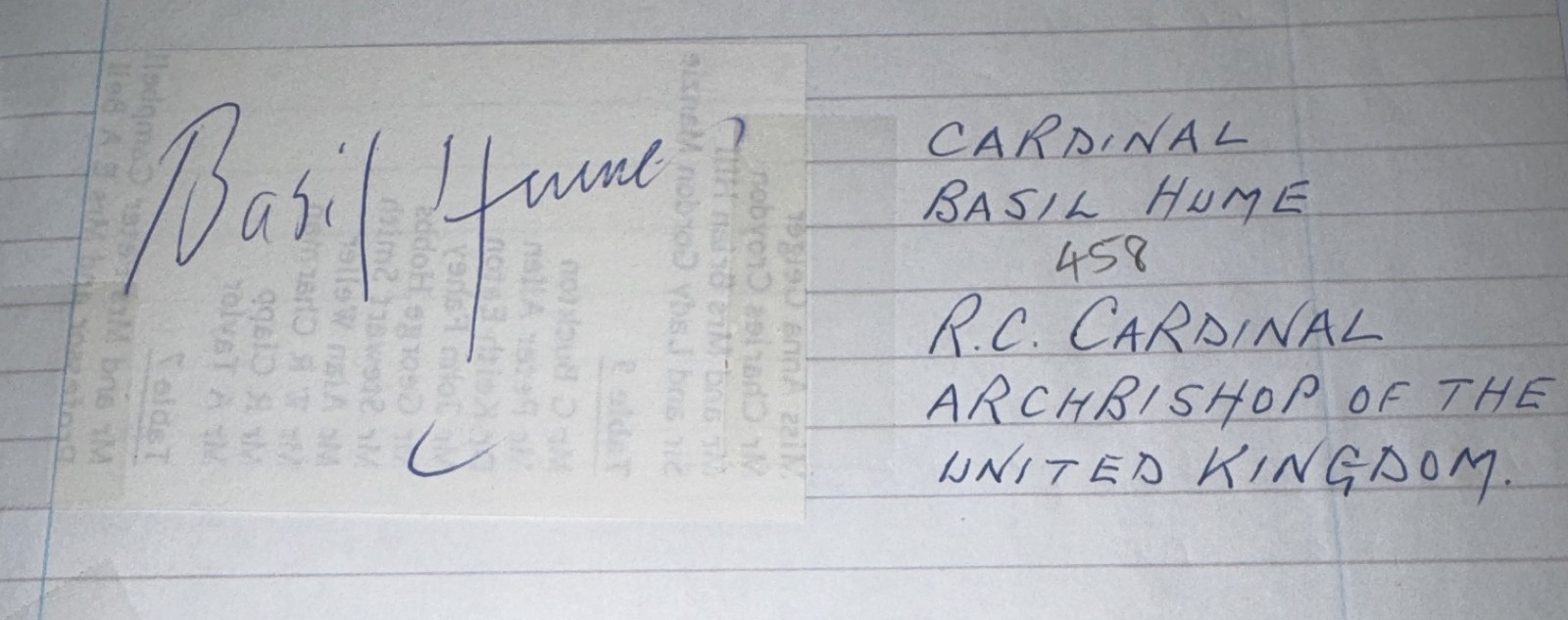 Cardinal Basil Hume Archbishop Westminster Autograph Signature c 1980s