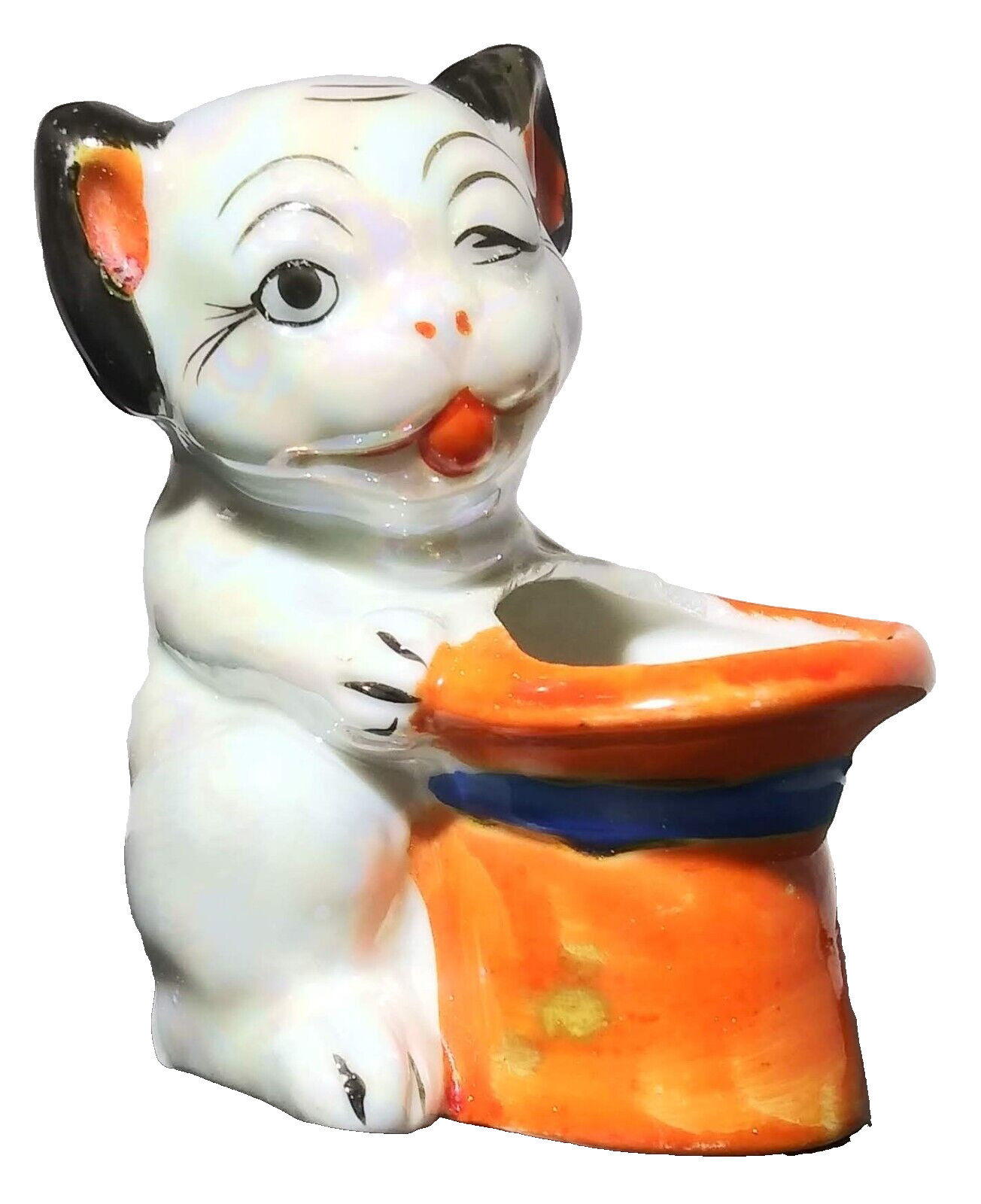 Vintage Winking Dog with Hat Toothpick Holder Japan Glossy Mini Vase Lusterware