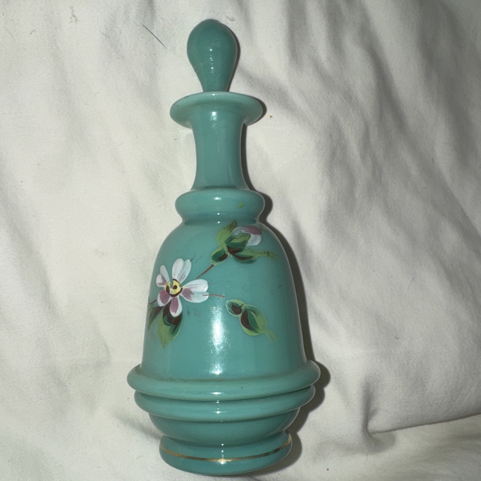 1870s OPEN PONTIL BRISTOL GLASS COLOGNE BOTTLE W/ Lid Victorian HAND PAINTED