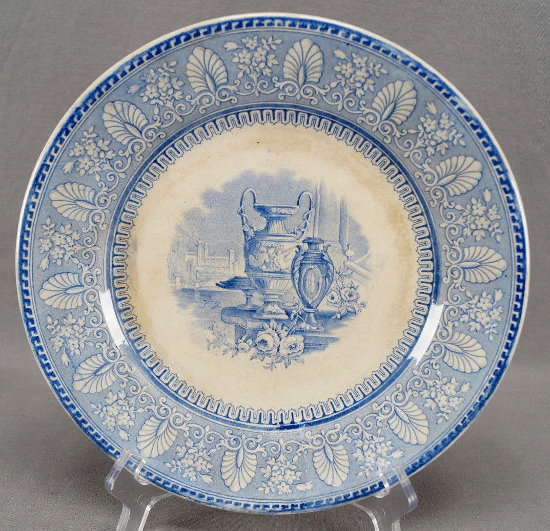 British JG Versailles Pattern Blue Transferware 9 7/8 Inch Plate C. 1840-1850s D