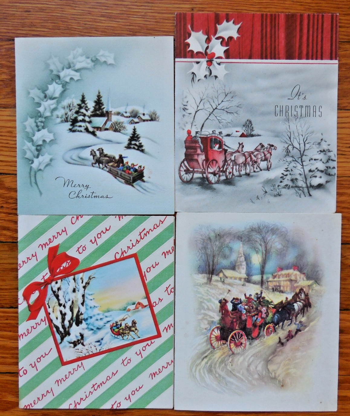 Four Vintage Merry Christmas Cards Horse Drawn Sleds Stagecoach and Open Wagon