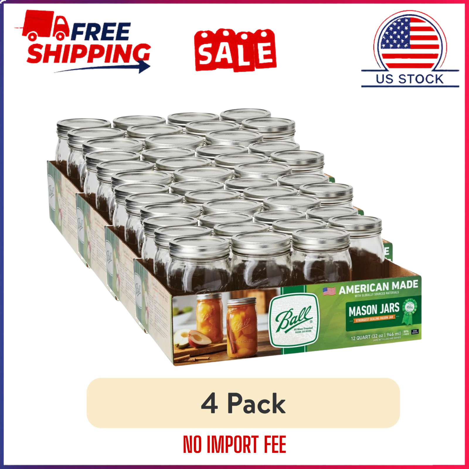 (4 pack) Ball 32 oz Mason Jars, Wide Mouth Quart Canning Jars with Lids and Ring