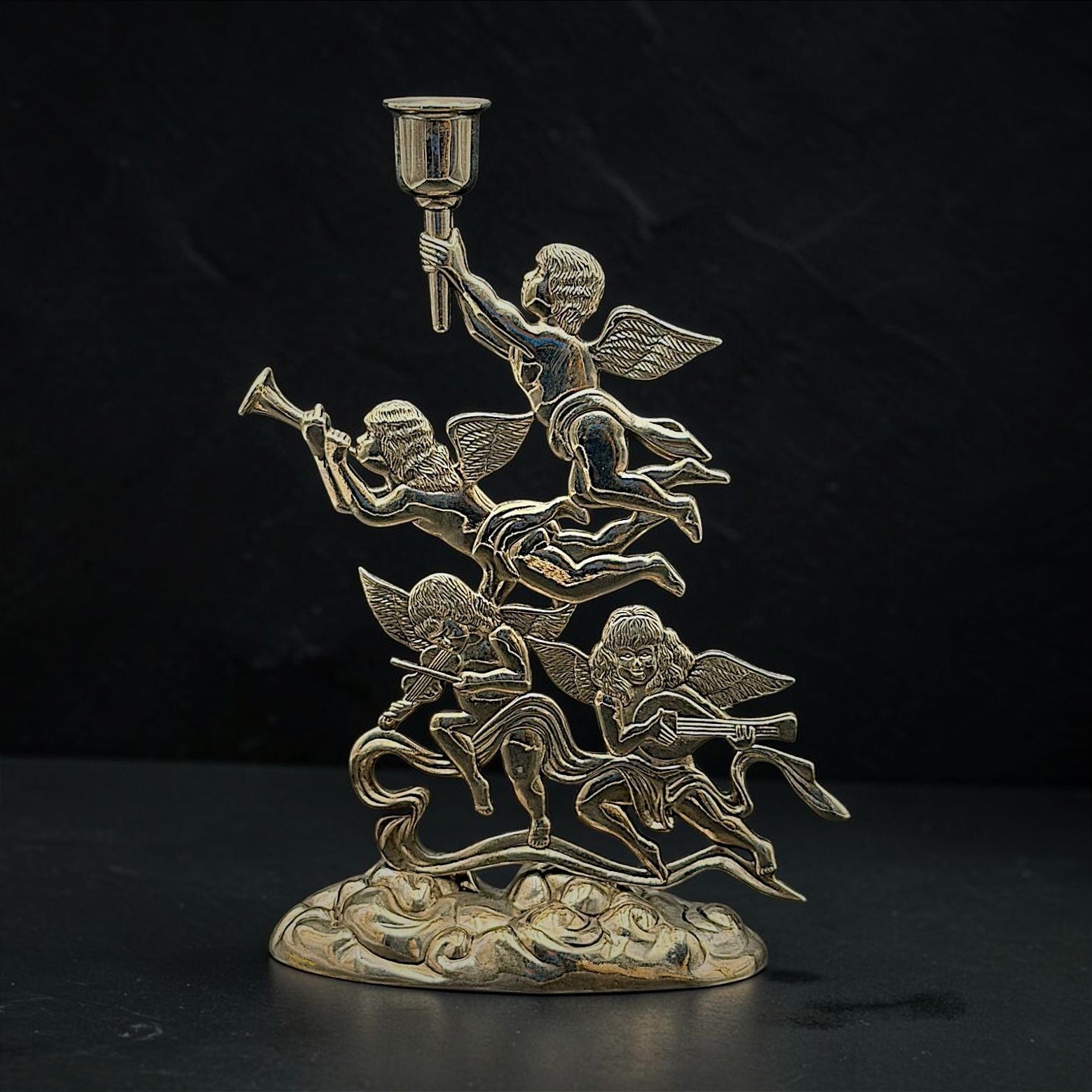 Vtg. Godinger Silver Plated Cherub Angel Musicians Candlestick Candle Holder 10