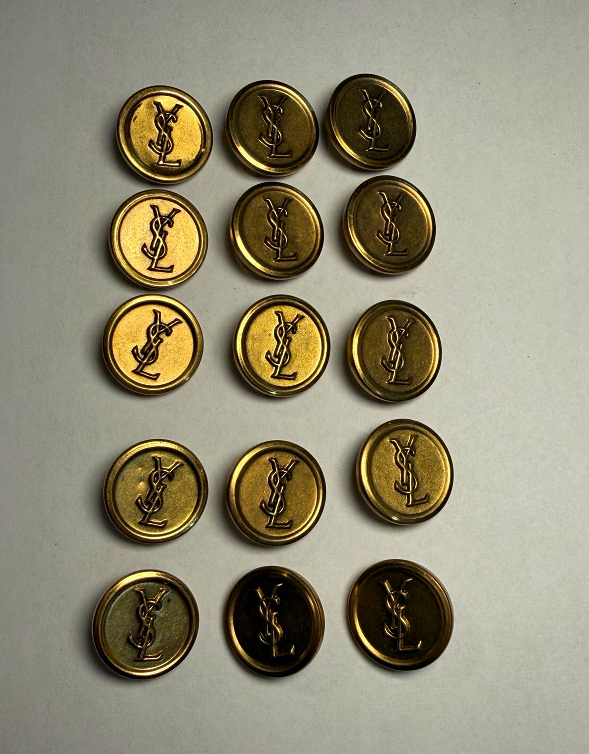 15 Vintage Yves Saint Laurent YSL Logo Brass Shank Buttons 23mm Gold Tone Lot