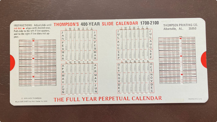 Vintage Thompson\'s 400 year silde perpetual Calender 1975