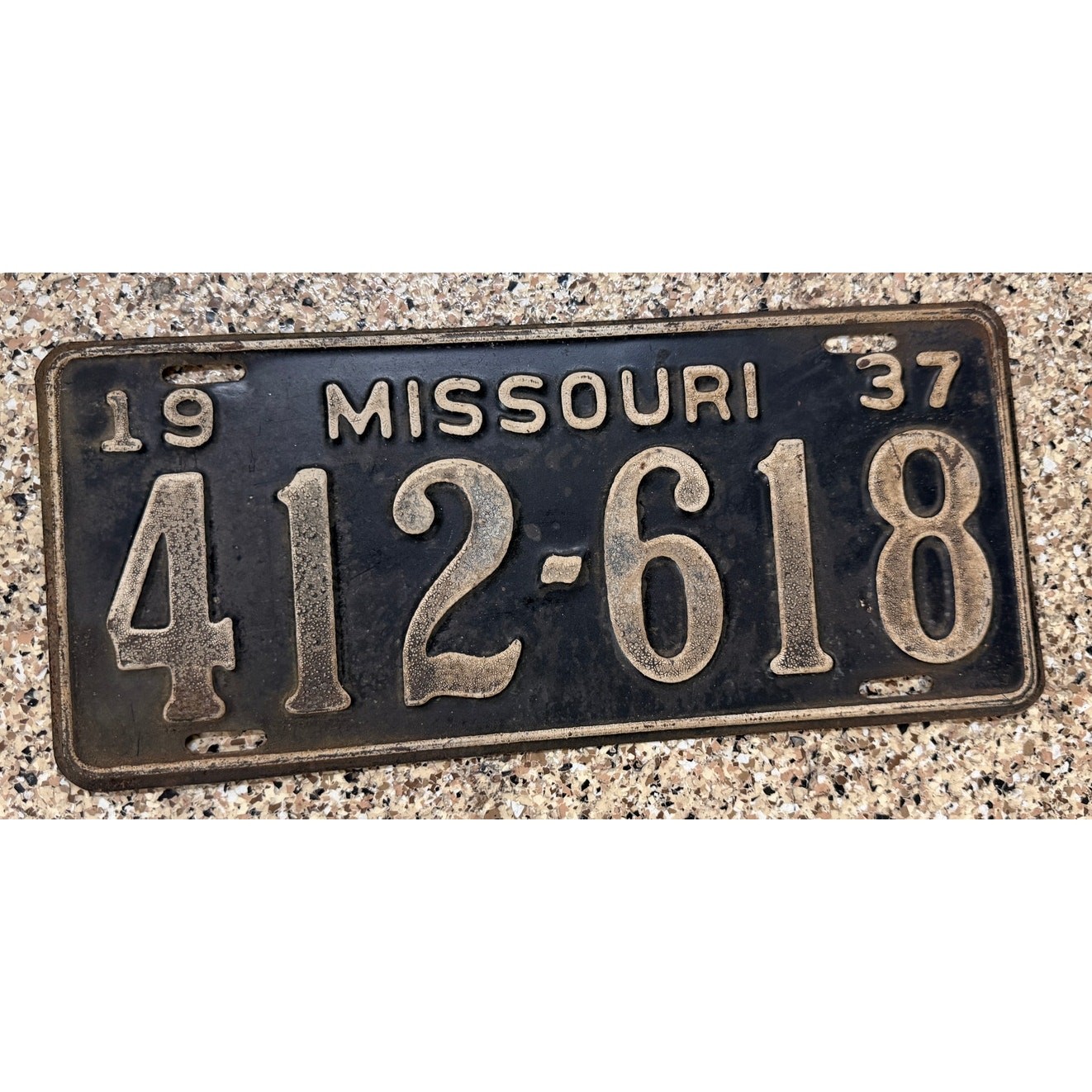 1937 Missouri License Plate 412-618 Vintage Black Embossed Steel Original