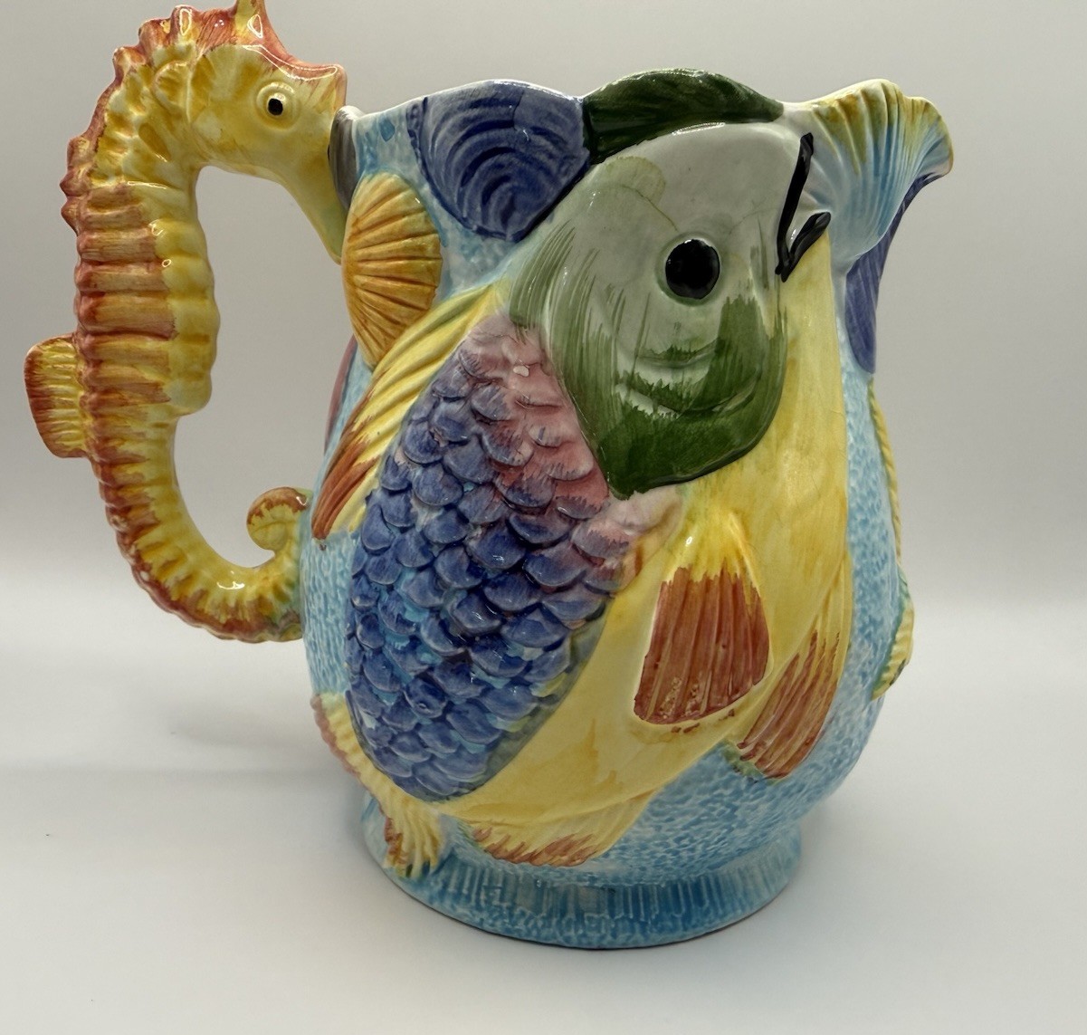 Vintage Italian Bassano Majolica Under the Sea Pitcher Seahorse Handle Italy