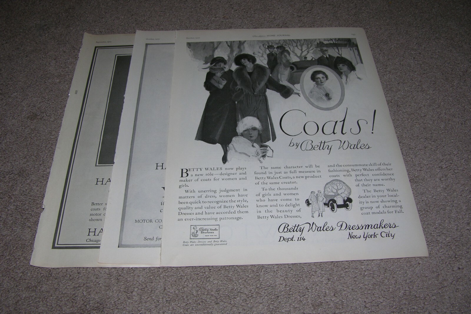 3 Print Ads Betty Wales & Hart Schaffner & Marx Coats 1922, 1923