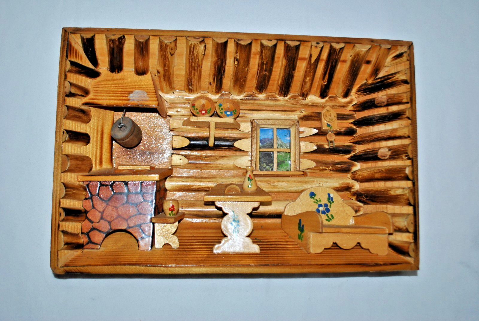VTG Zakopane Diorama Wood Cabin Kitchen Shadow Box Lodge  10 X 8” Polish MCM