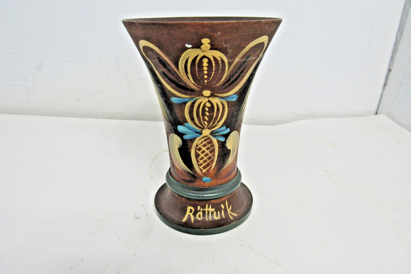 Rare Swedish Folk Art Hand Painted Rosemaling Wooden Vase Rattvik Sweden 5\