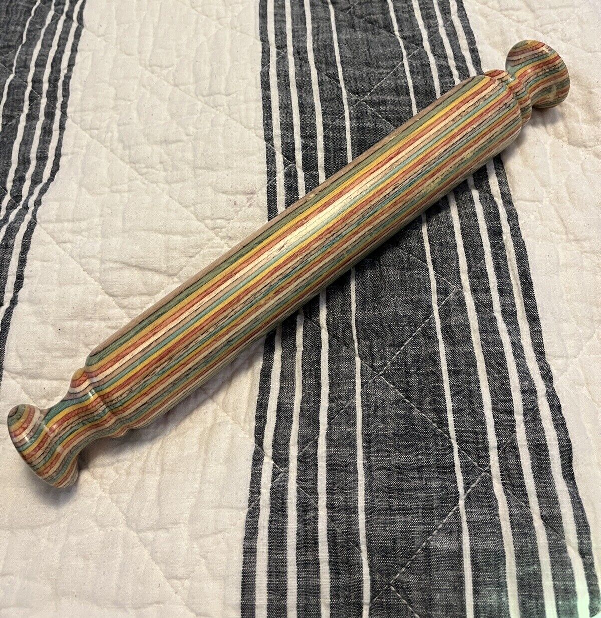 Vintage Carved Wood Colorful Stripes Rolling Pin 