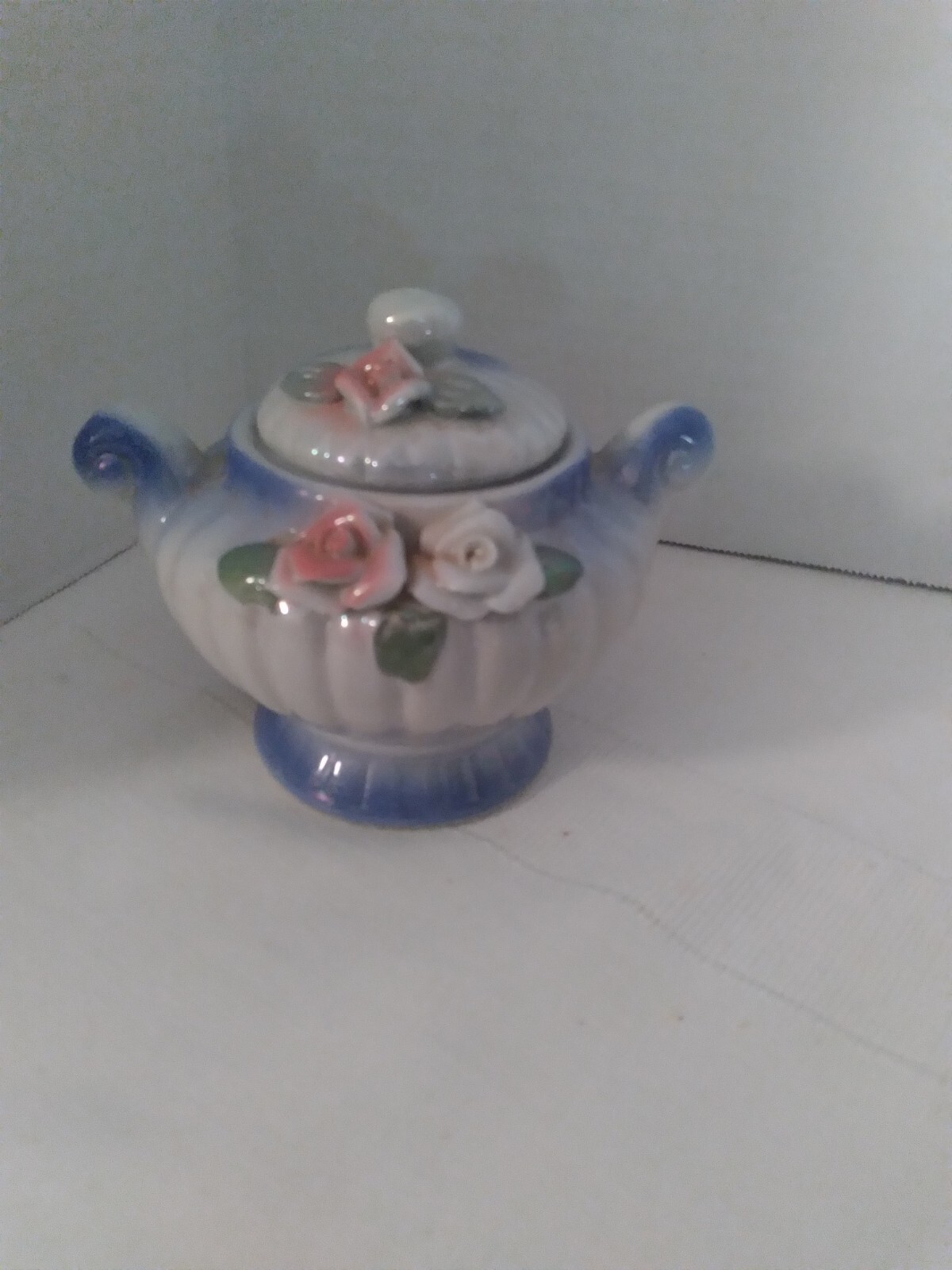 Vintage Porcelain Floral Double-Handled Covered Sugar Bowl