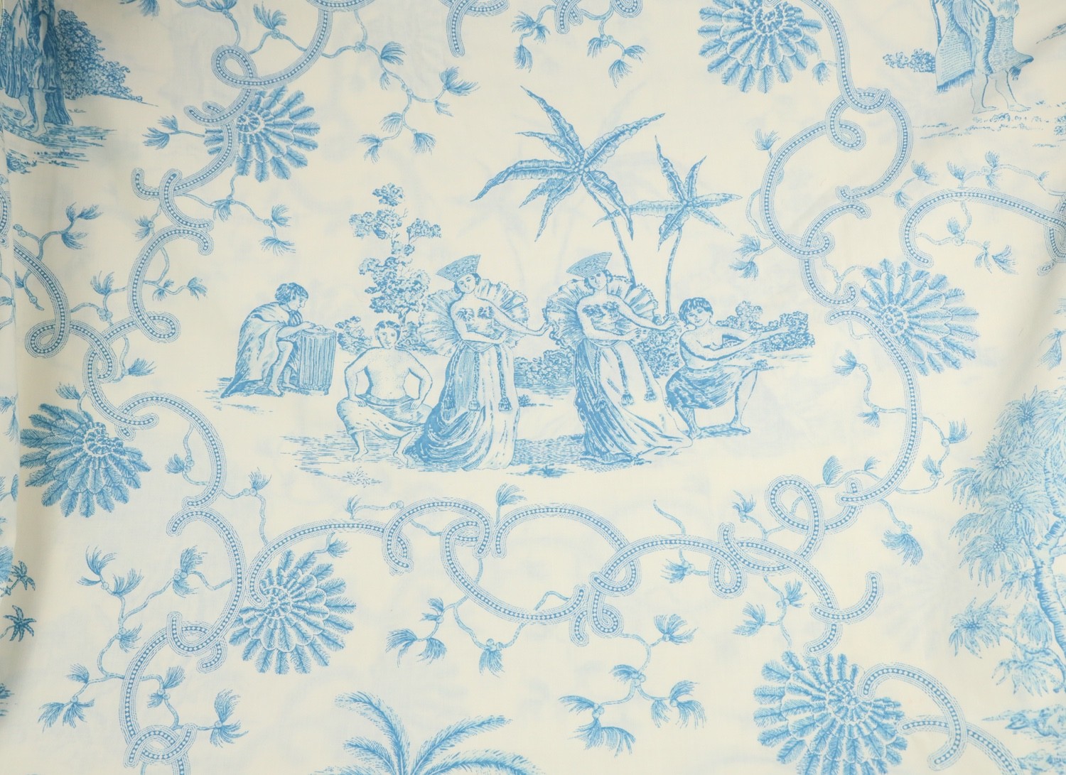 Vtg Pacific Mills Tropical Indie Blue Toile QUEEN FLAT Sheet 50/50 Cotton/Poly