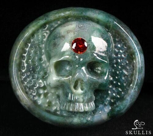 Faceted red Cubic Zirconia and Green Moss Agate Carved Skull Buckle, Crystal