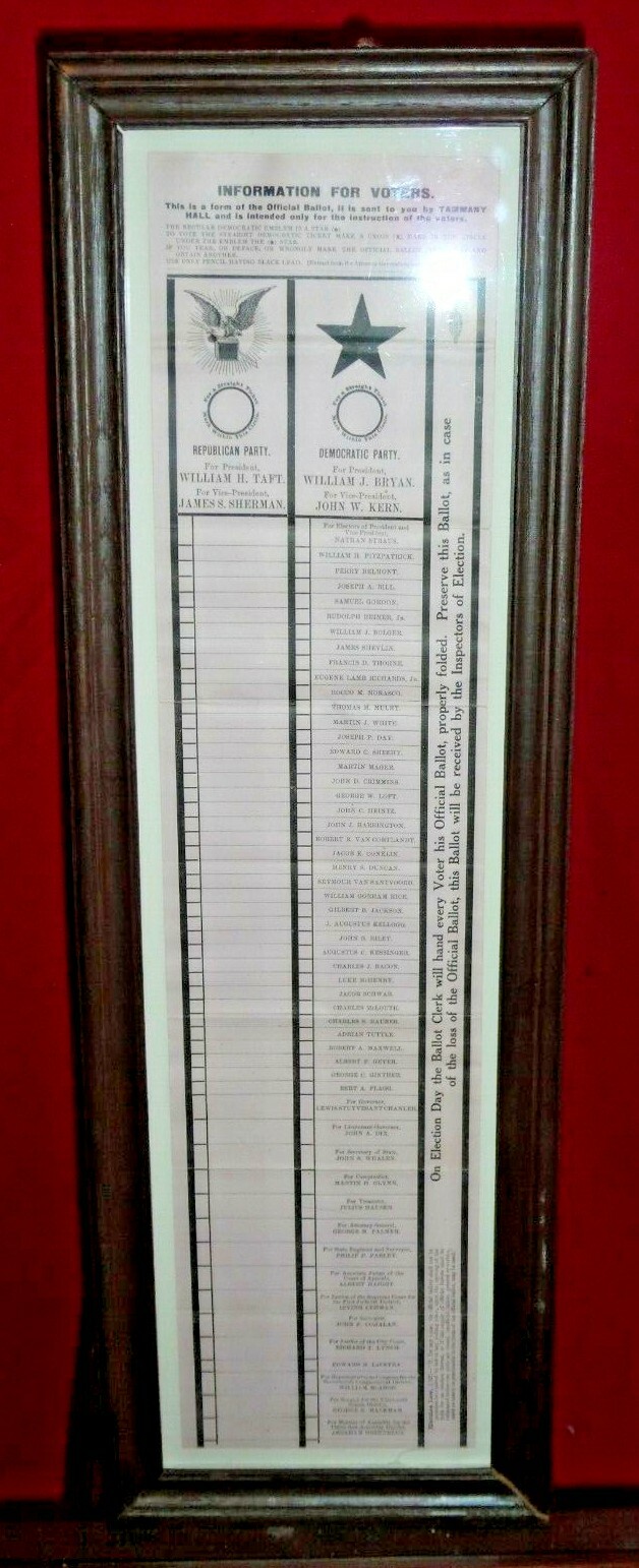 Framed Antique 1908 Presidential Sample Ballot - William Taft & William J Bryan