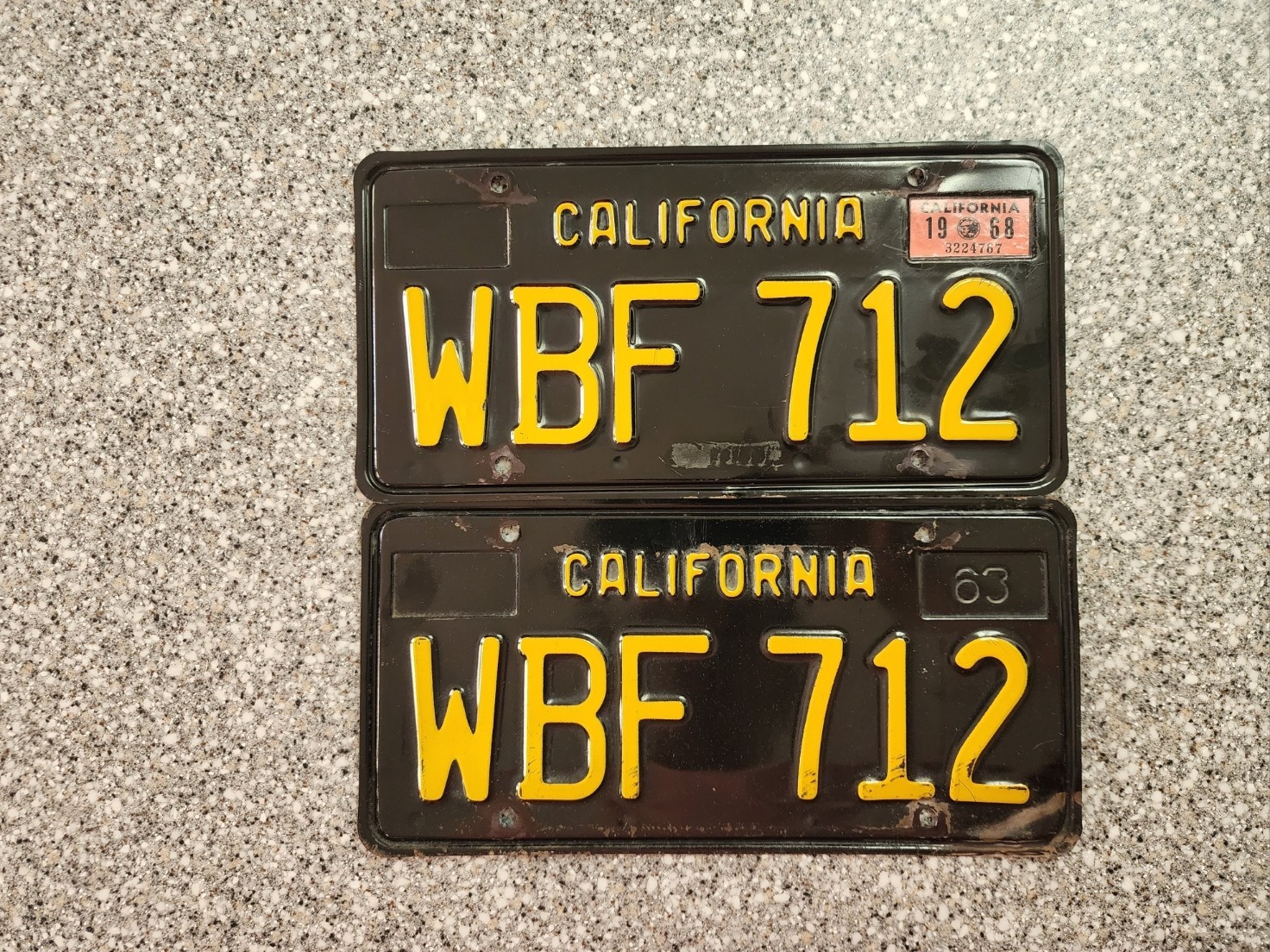 1963 Black California License Plates, 1968 Validation Sticker, DMV Clear, VG