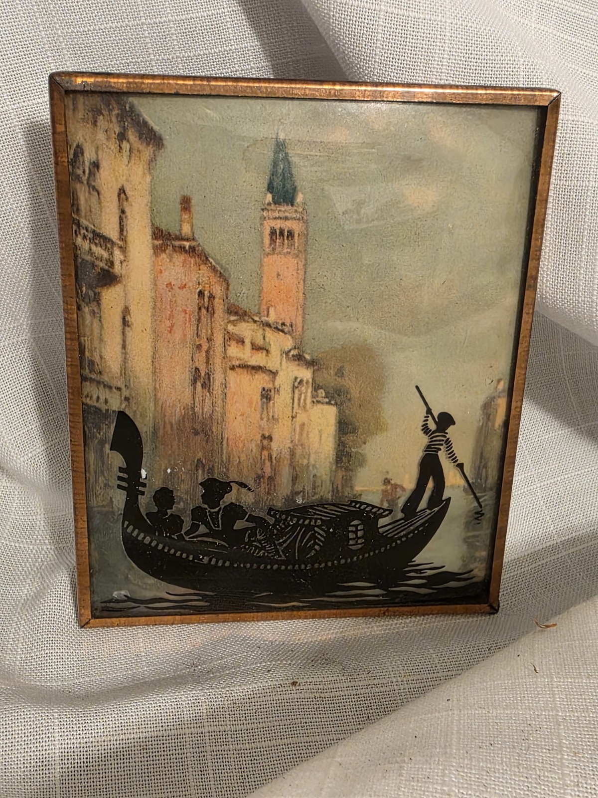 VTG Framed Silhouette Reverse Painted Bubble Convex Glass Picture 4x5 Very Old 