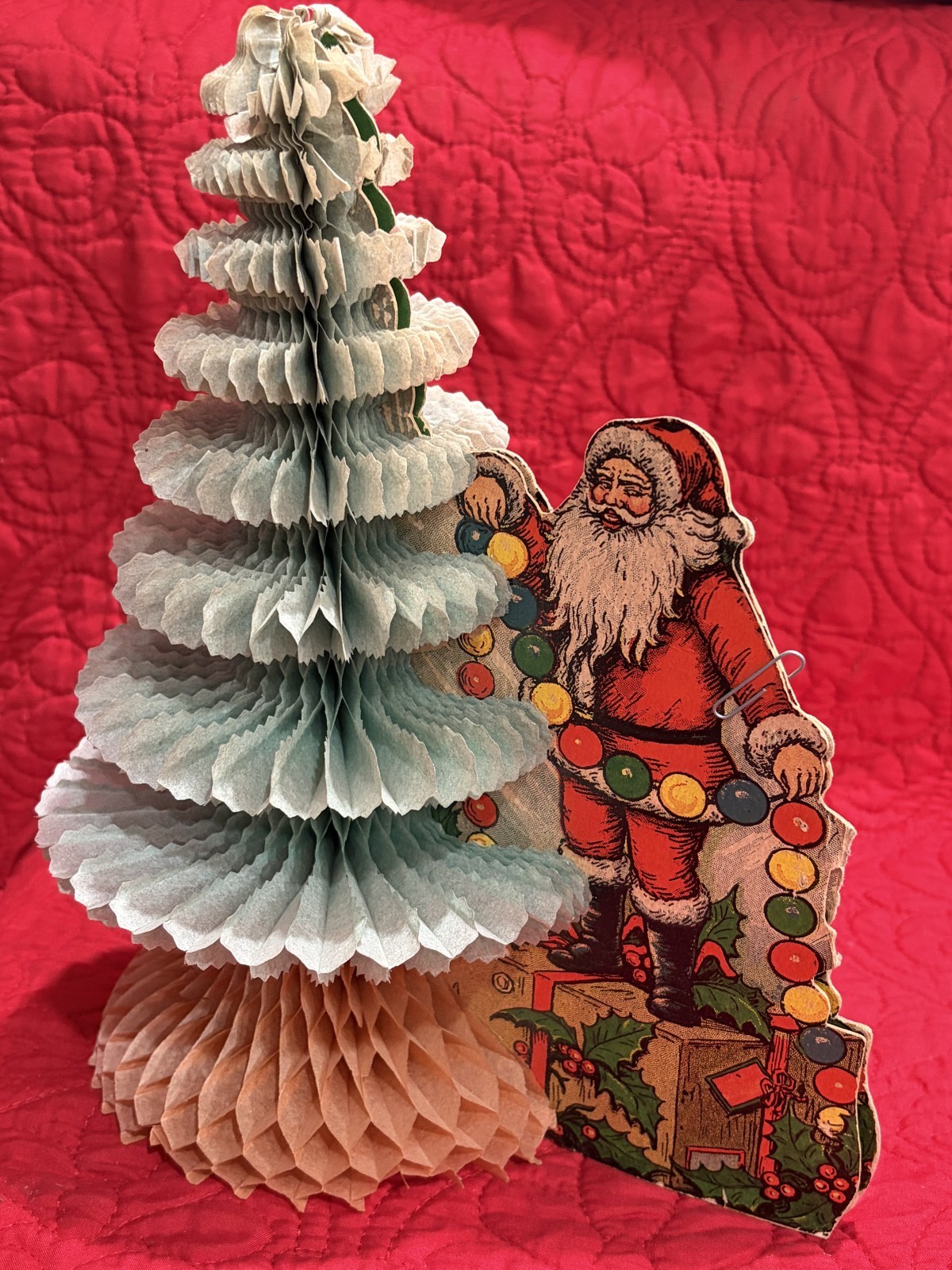 Antique 1925 Biestle Santa & Tree Honeycomb Tissue Paper Fold-Out Retro Die Cut
