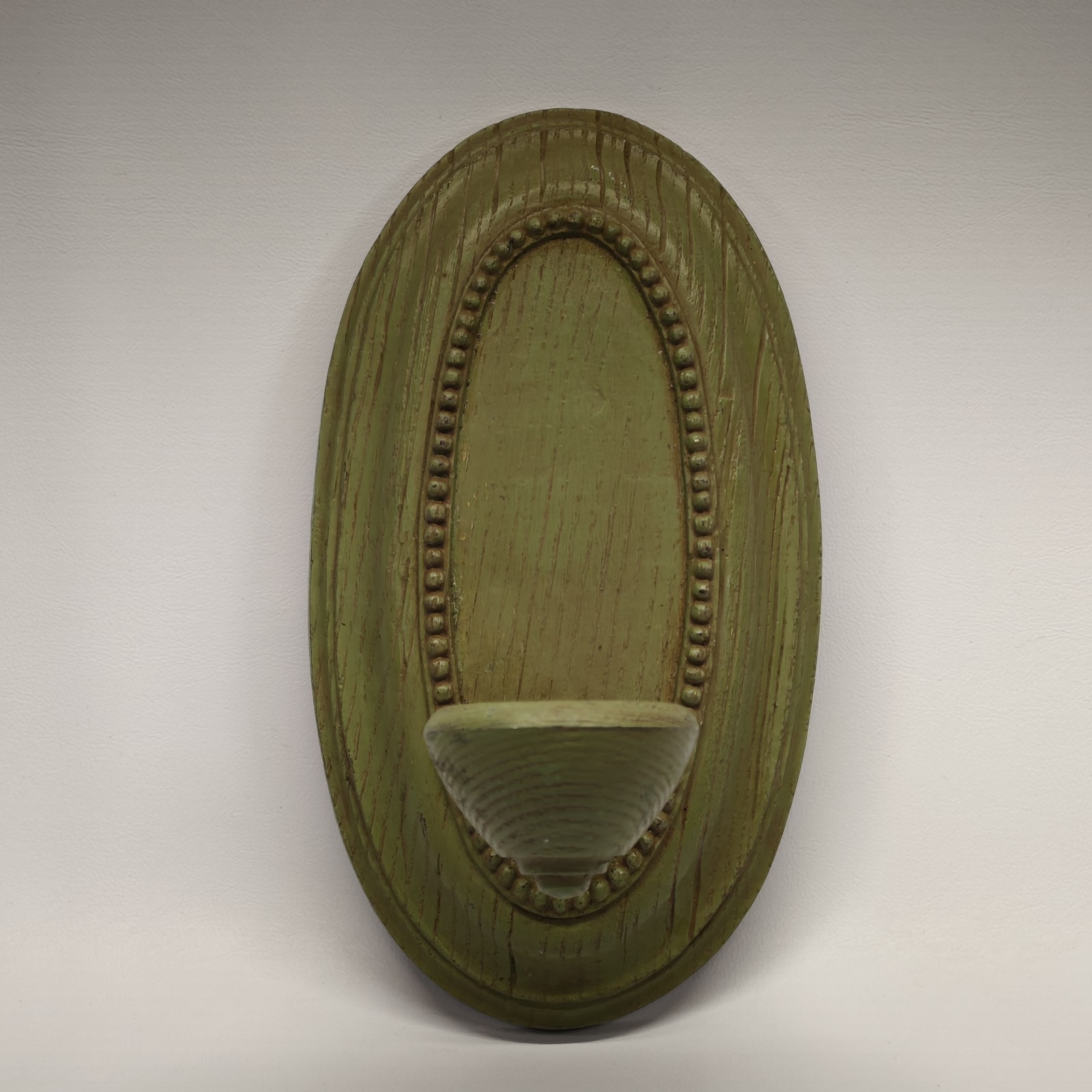 Vintage Homco Green Oval Wall Candle Sconce Faux Wood Beaded Cottage Farmhouse